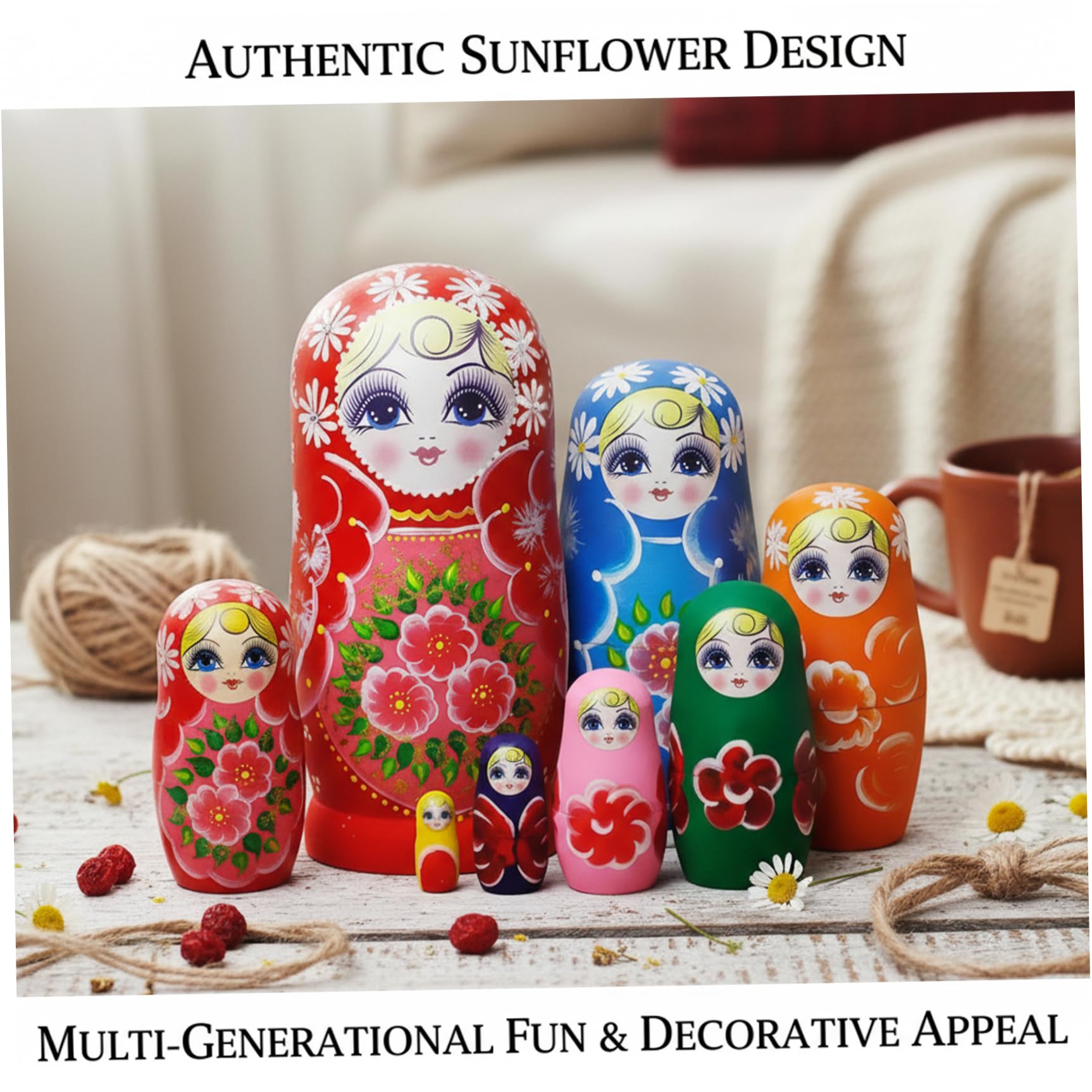 Lot de 7 poupées gigognes Russes en Bois Matryoshka imprimé Tournesol, Jouet décoratif pour Enfants et Adultes collectionneurs