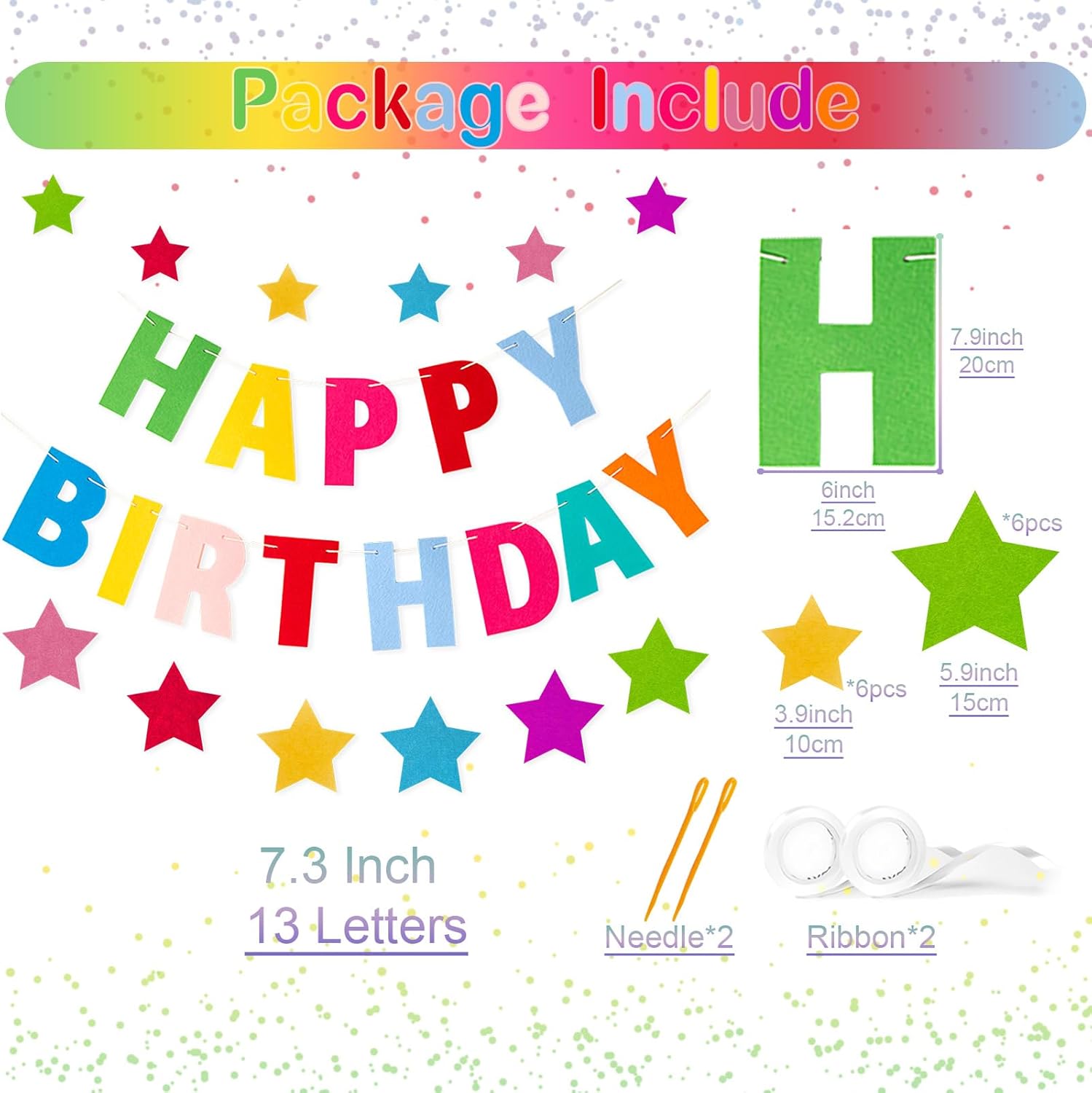 Colorful Happy Birthday Banner with Rainbow Stars - 7.9 Inch Thickened Felt Letters for Birthday Backdrop Decorations image 2 of 6 B0D5D1J9VG