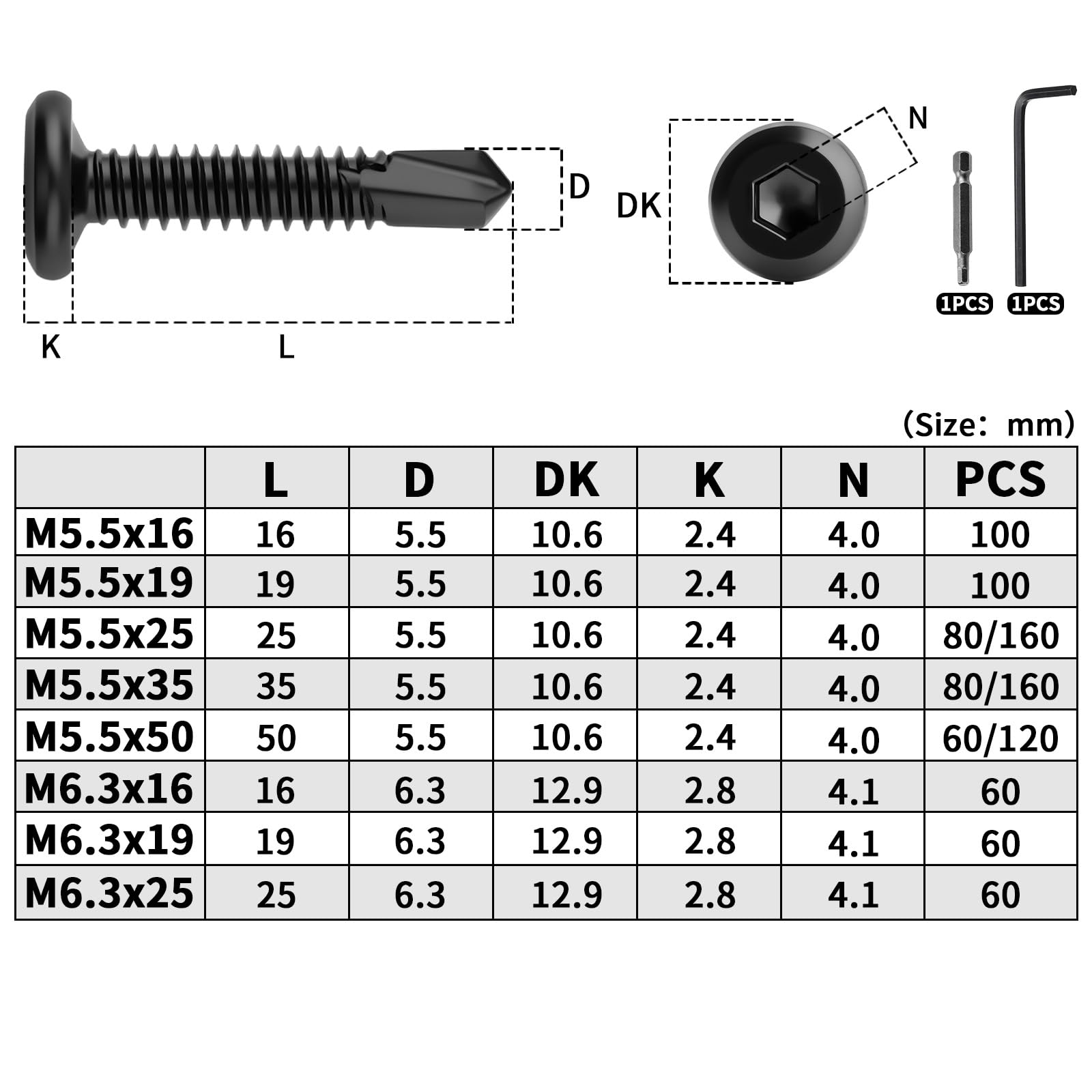 120 tornillos autorroscantes de acero inoxidable 410, 5,5 x 50 mm, tornillos para chapa autorroscantes, acero inoxidable, negro, cabeza plana, tornillos de metal, tornillos Allen con broca hexagonal