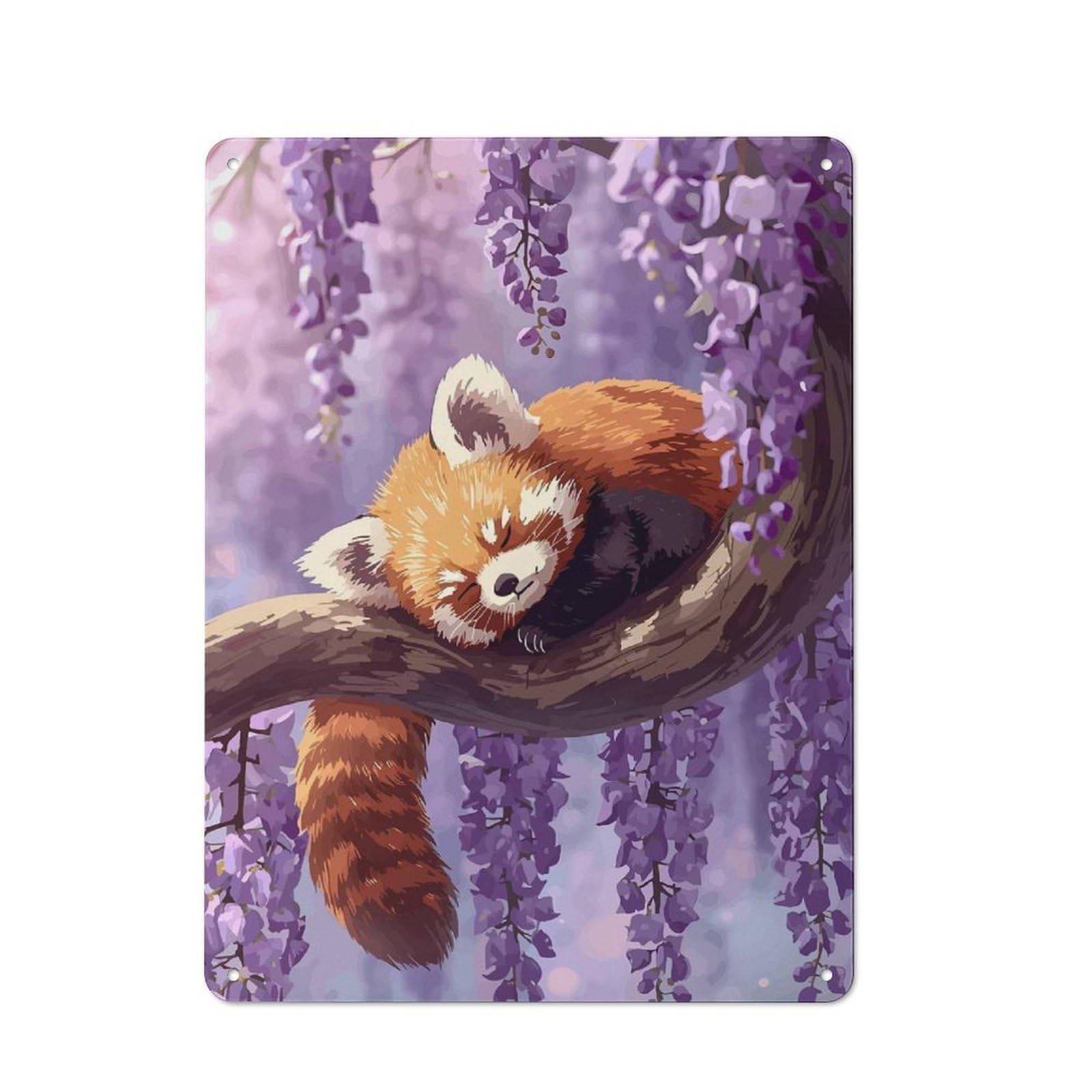 Junmoney Style-17 Tin Wall Plaque 40X30cm With Sleeping Red Panda In Wisteria Tree For Bar Or Restaurant, For Hospitality Decor Collectors