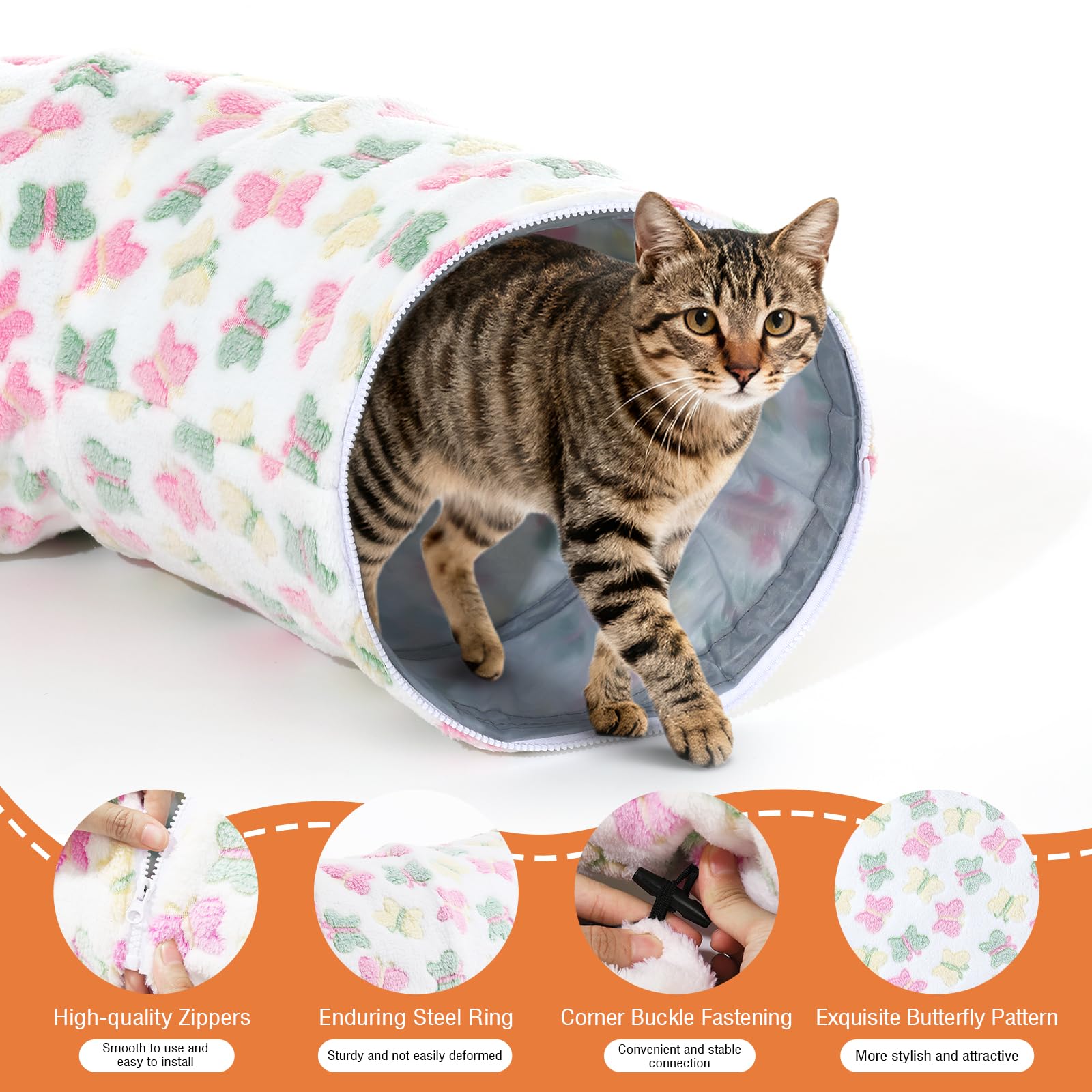 Tivray Tunnel per Gatti sotto L'albero di Natale, Letto-Tunnel in Peluche 90 cm con Palla Giocattolo e Cuscino Circolare, Grotta Interattiva Peekaboo, Regalo di Natale, Bianco & Farfalle