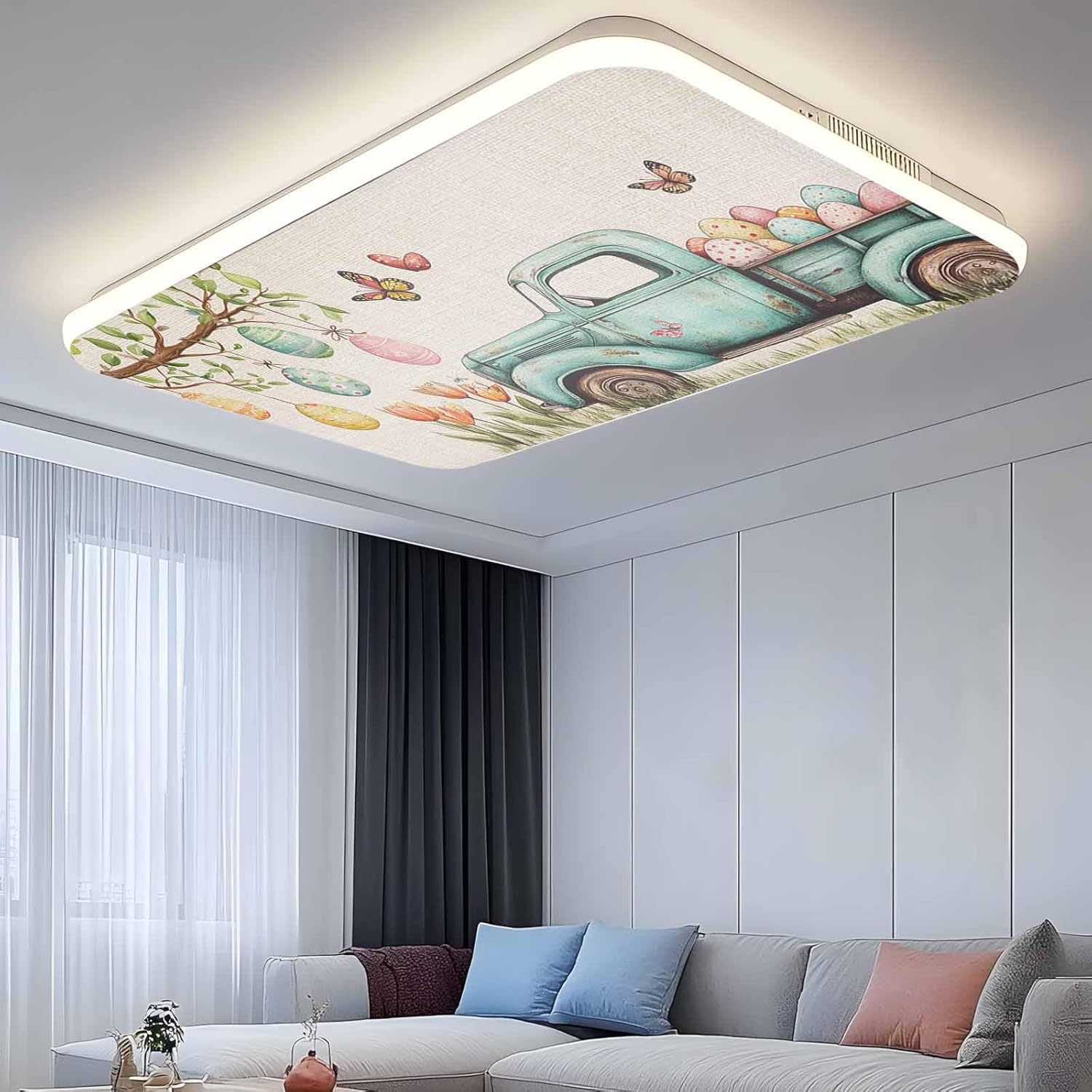 Easter Eggs 1 Pc Fluorescent Light Cover 4 x 2 Feet, Truck with Egg Covers for Ceiling Lights Magnetic Light Cloth Filter for Classroom Office Home