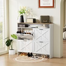 Wooden Shoe Cabinet with 4 Flip Drawers, Narrow Shoe Rack Organizer Cabinet for Classified Storage, Farmhouse Shoe Storage Cabinet for Entryway, Living Room Grey