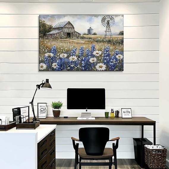 Farmhouse Canvas Art Old Barn Pictures Vintage Wall Decor Framed Daisy Wildflowers Painting Country Scenery Prints Living Room Bathroom Home Office Ready to Hang - 12.00x18.00