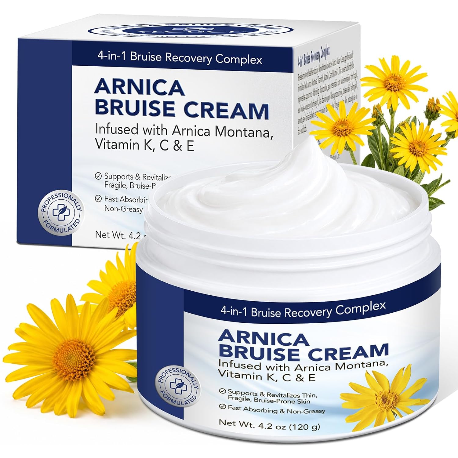 Arnica Cream Extra Strength 4-In-1 with Vitamin K, E, C for Bruising, Swelling, Thin & Sensitive Skin, Moisturizing, Fast-Acting, Plant-Based|4.2 Oz