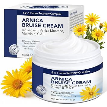 Arnica Cream Extra Strength 4-In-1 with Vitamin K, E, C for Bruising, Swelling, Thin & Sensitive Skin, Moisturizing, Fast-Acting, Plant-Based|4.2 Oz