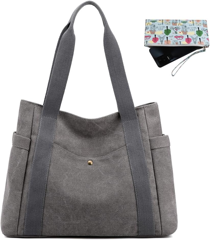 JIANLINST Women's Canvas Tote Handbags Multi-pocket Retro Casual Shoulder Bag Top Handle Satchel Tote Purse