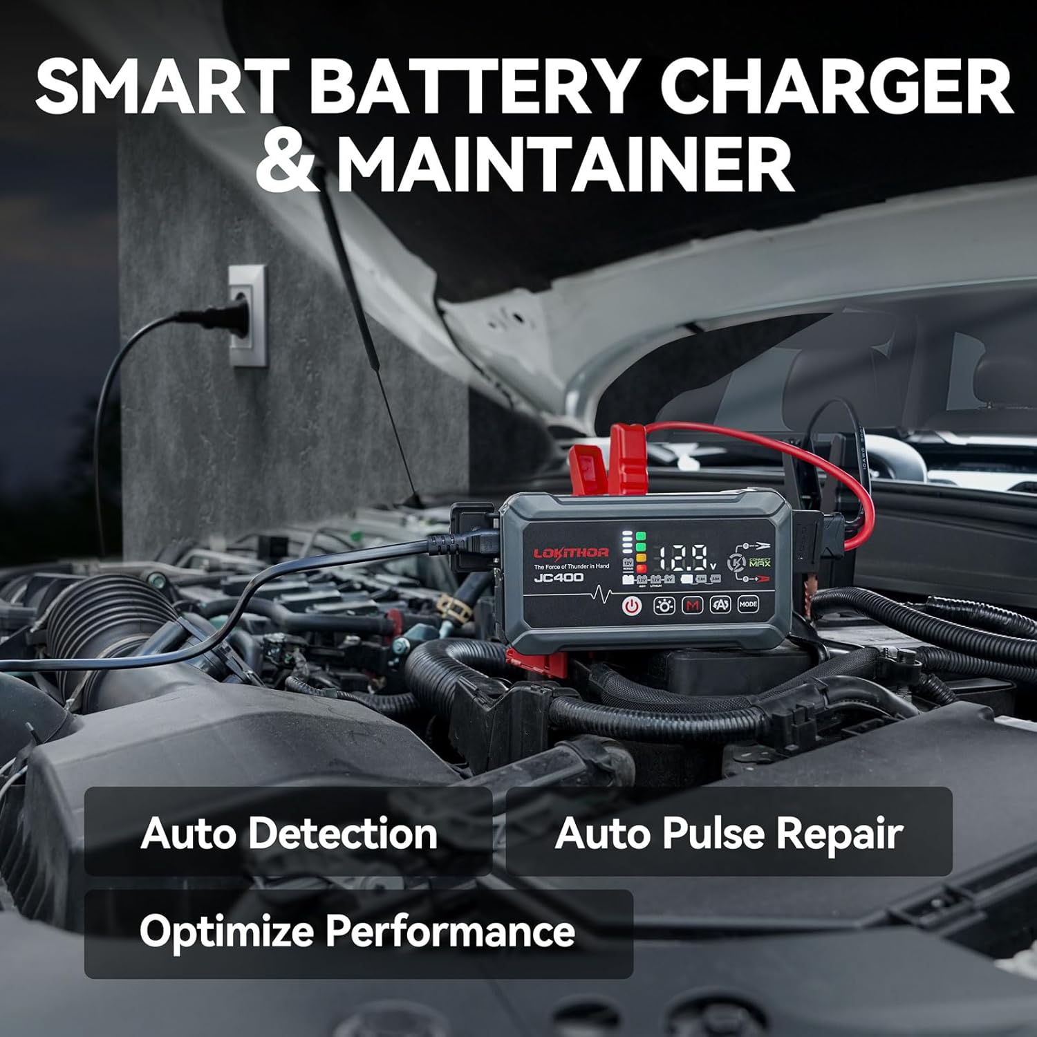 LOKITHOR JC400 9-in-1 Battery Charger and Jump Starter, 2500A 12V Portable Jump Box for Car Upto 8.5L Gas/6.5L Diesel, 750mA/1A/2A, 6V/12V Automotive Battery Maintainer, Trickle Charger and Desulfator - Image 3