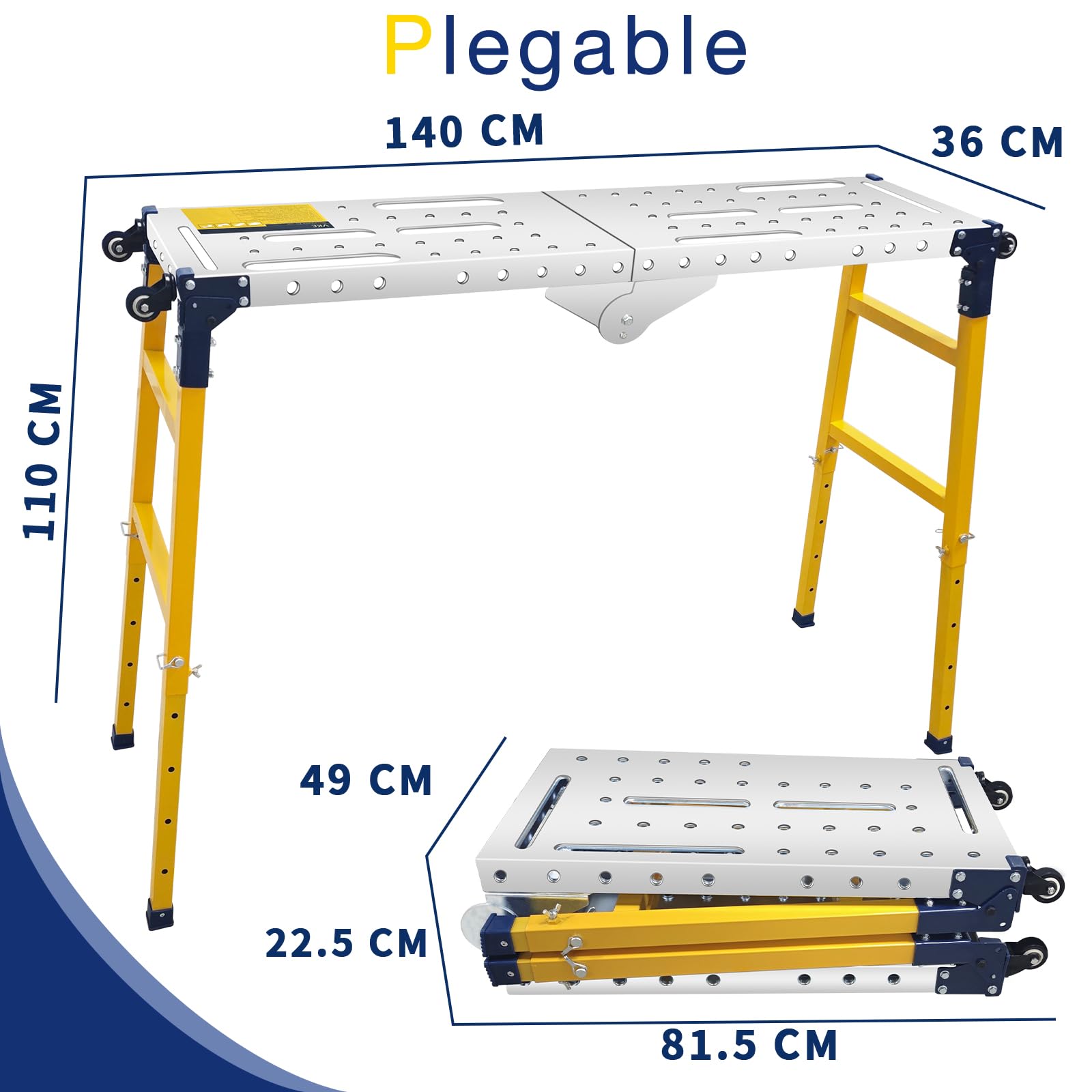 VKE Plataforma de Trabajo 140 × 36 × 110 CM de Chapa Galvanizada, 500 KG de Capacidad de Carga, Andamio Portátil, Escalera Andamio Plegable con 4 Ruedas Universales, Regulable en Altura