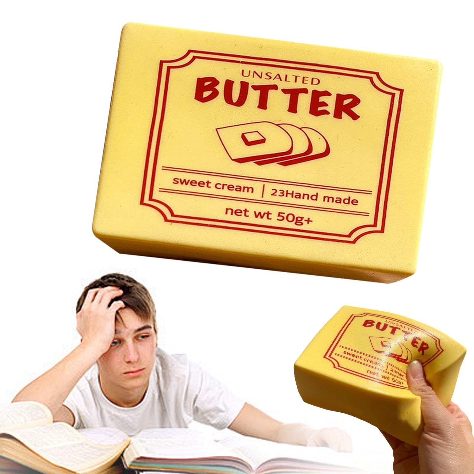 Cheese Squishy, Big Brain Cheese Stress Ball Realistic Design, Anxiety Relief Fidget Toy Sensory Toys For Adults & Kids (D-butter) — image 1