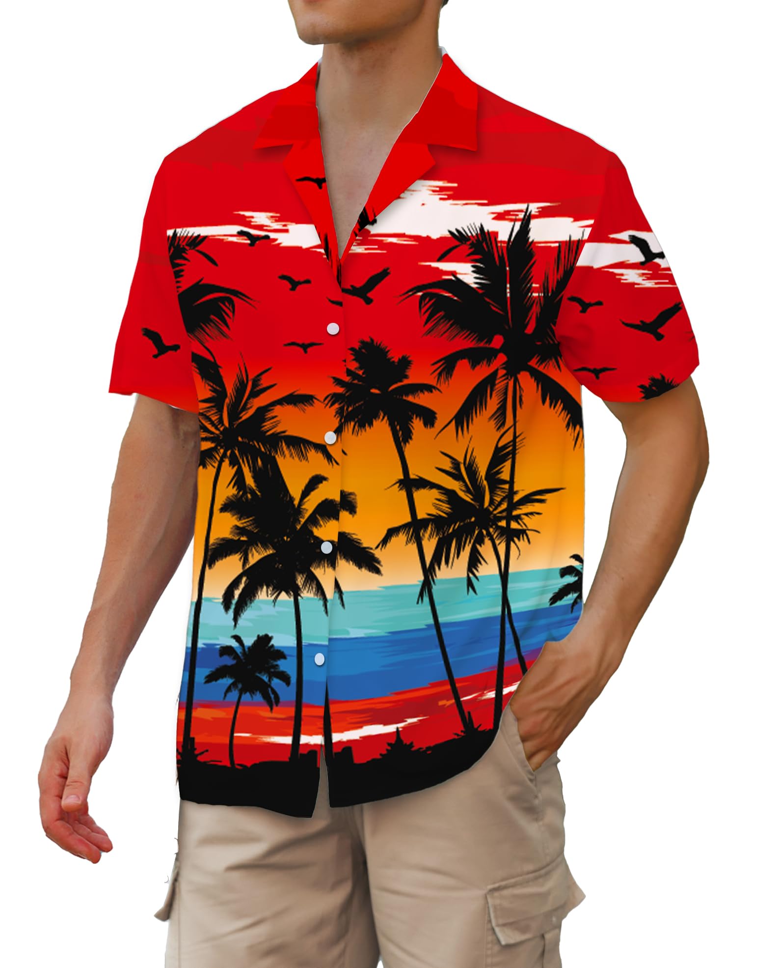 Cromoncent Camicia hawaiana per ragazzo e uomo, a maniche corte, colletto cubano, tropicale, estate, spiaggia, Aloha Rosso, 4XL