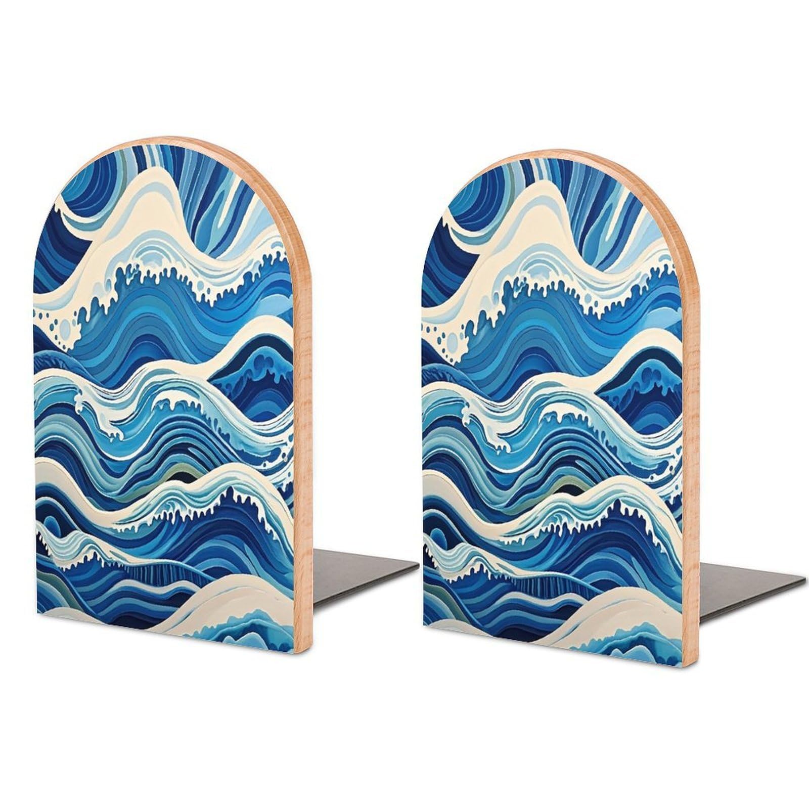 Sujetalibros de madera con diseño de ondas azules modernos y antideslizantes para estanterías