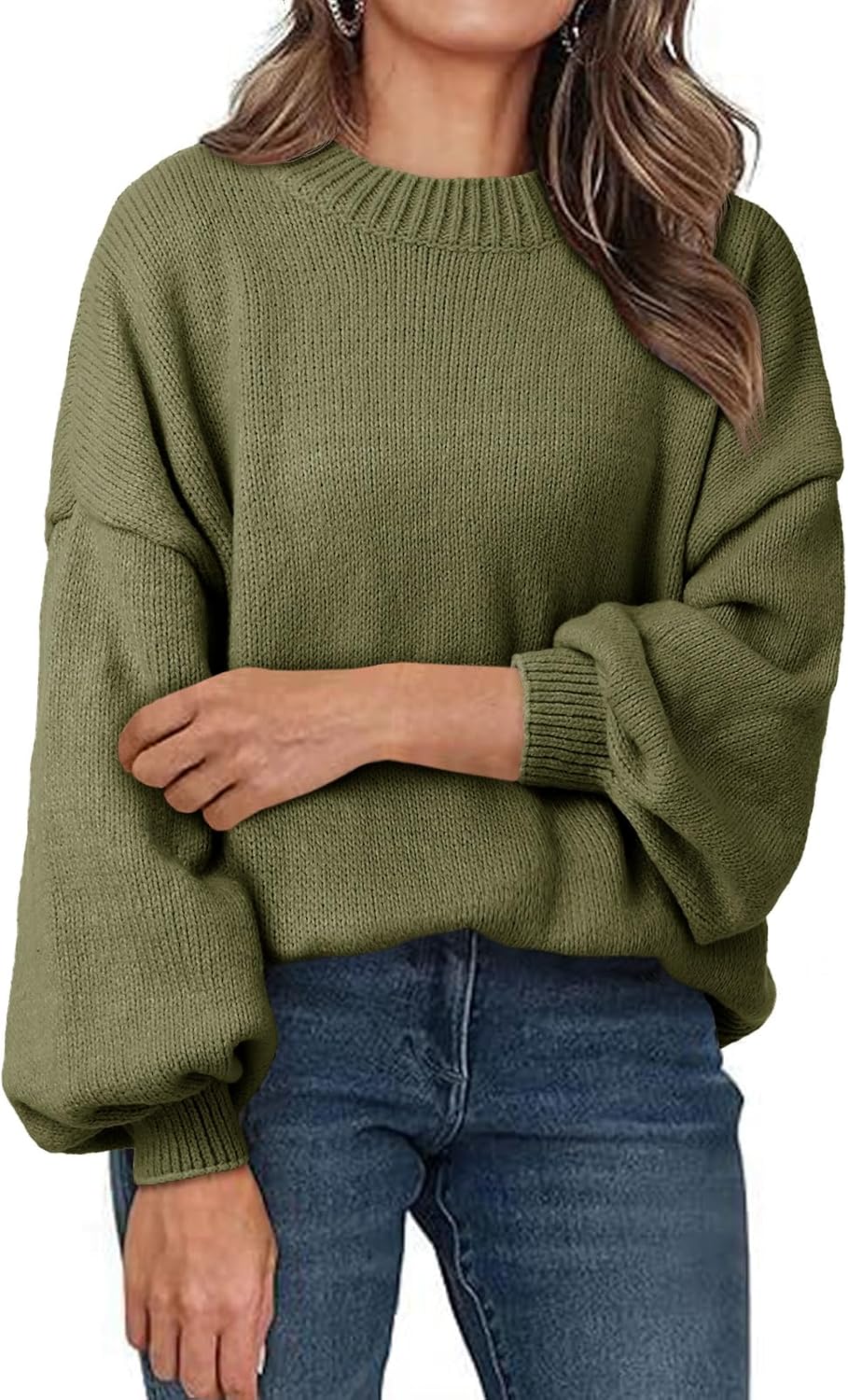 Saodimallsu Womens Oversized Sweaters Casual Lantern Long Sleeve Mock Neck Chunky Knit Loose Fall Pullove Tops