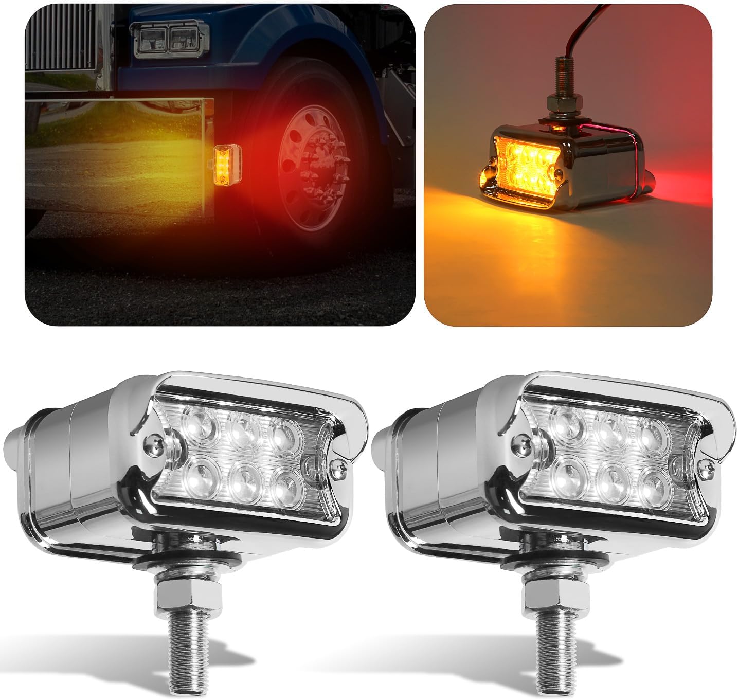 2PCS Amber/Red Dual Revolution 12 LED Turn Signal Marker Lights w/Visor, Semi Truck Double Face Chrome Auxiliary Bumper Pedestal Lights for Freightliner Peterbilt Kenworth Mack Western Star