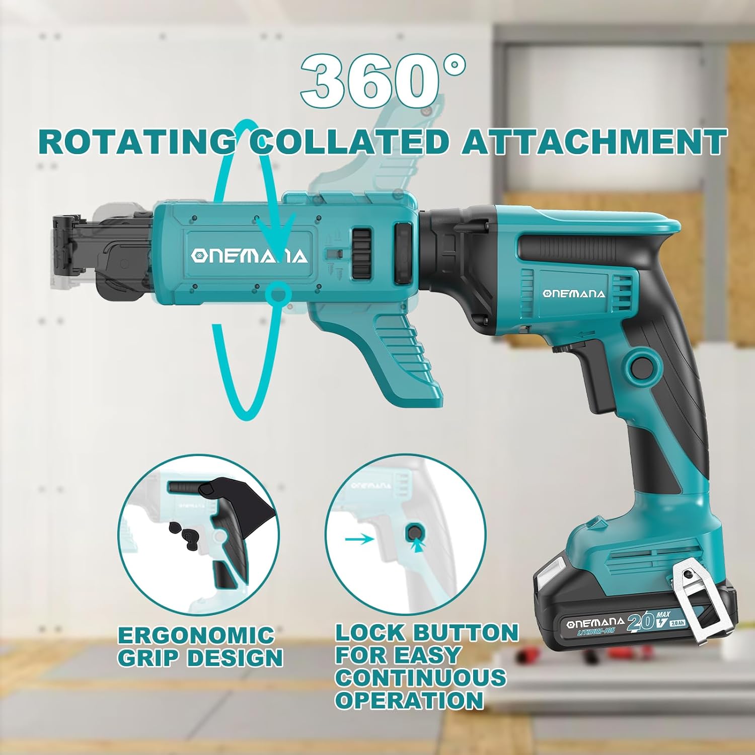 ONEMANA screw gun with 360 degree rotating collated attachment
