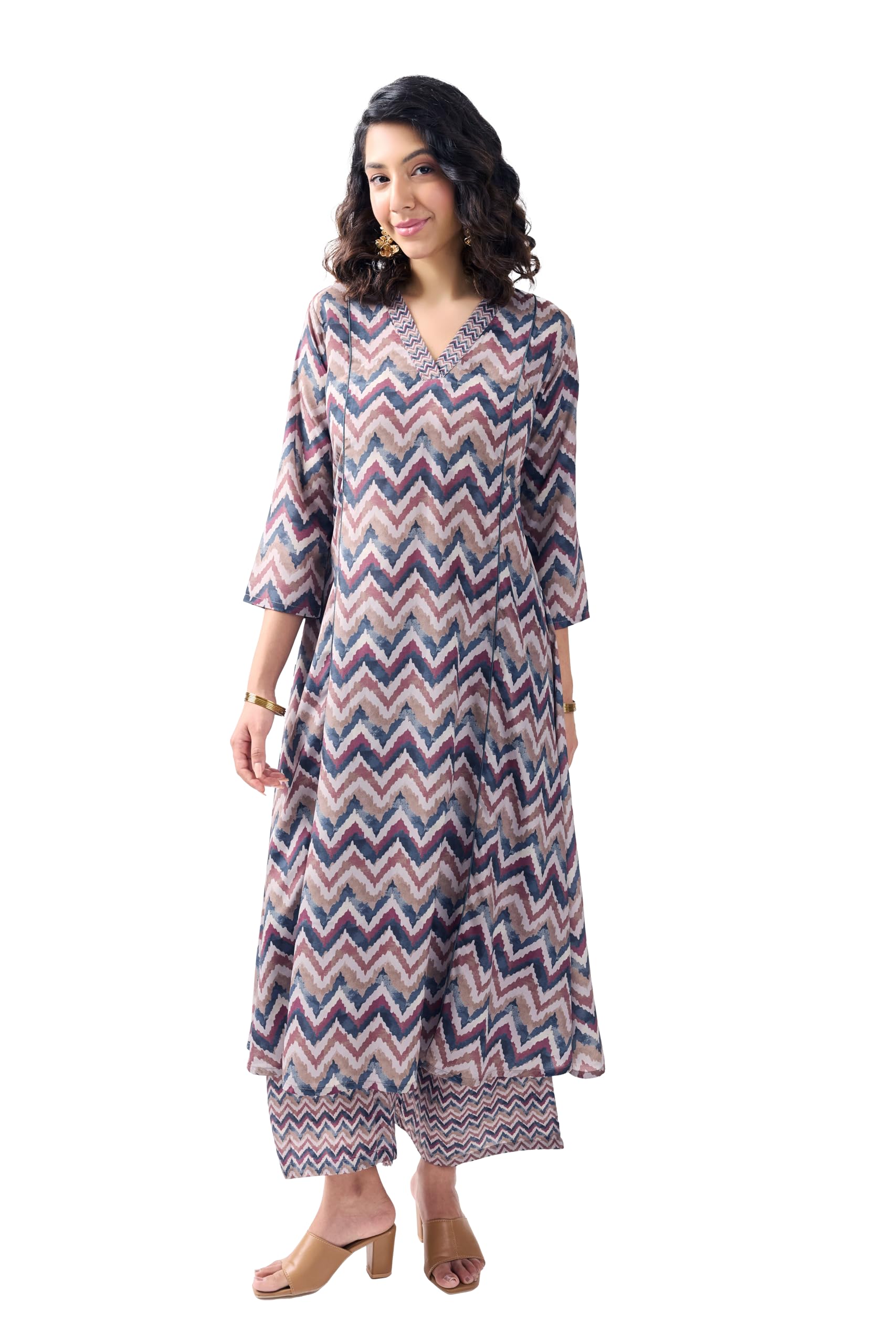 Toochki Women's Multicolor Zig-Zag Printed Rayon Stitched Dress | Dress For Women Co Ord Set | Latest Women Dress With Pant | Two Piece Maxi Length Co Ord Set Dress