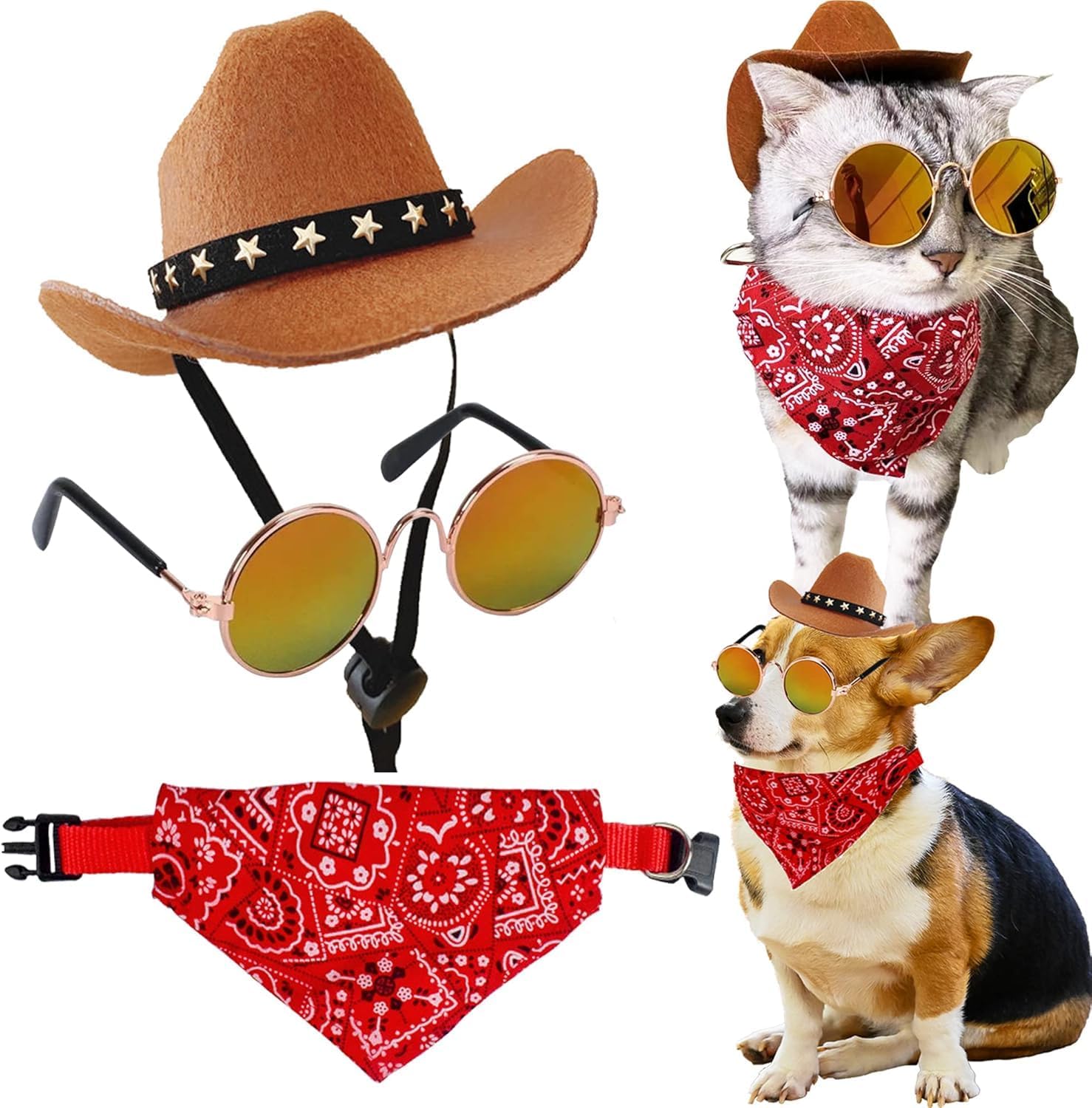 Pet Cowboy Costume Set, Brown Hat with Star Band, Round Sunglasses | Red Bandana Scarf for Cats and Small Dogs