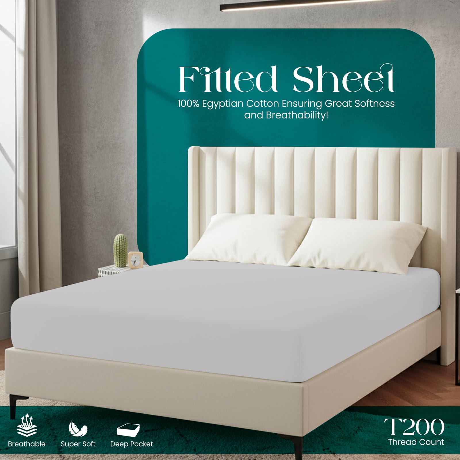 Linens World Egyptian Cotton Fitted Sheets King Size Breathable, Anti Wrinkle 40cm Deep Pocket 200 Thread Count Bed Sheets Bedding & Linen 152 X 200-CM White Bedding King Size Fitted Sheets — view 14