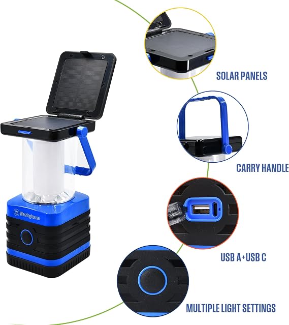 Solar Rechargeable Camping Lantern, 1000 Lumen LED Lantern, 5 Lighting Modes, IPX4 Water Resistant for Camping and Hiking