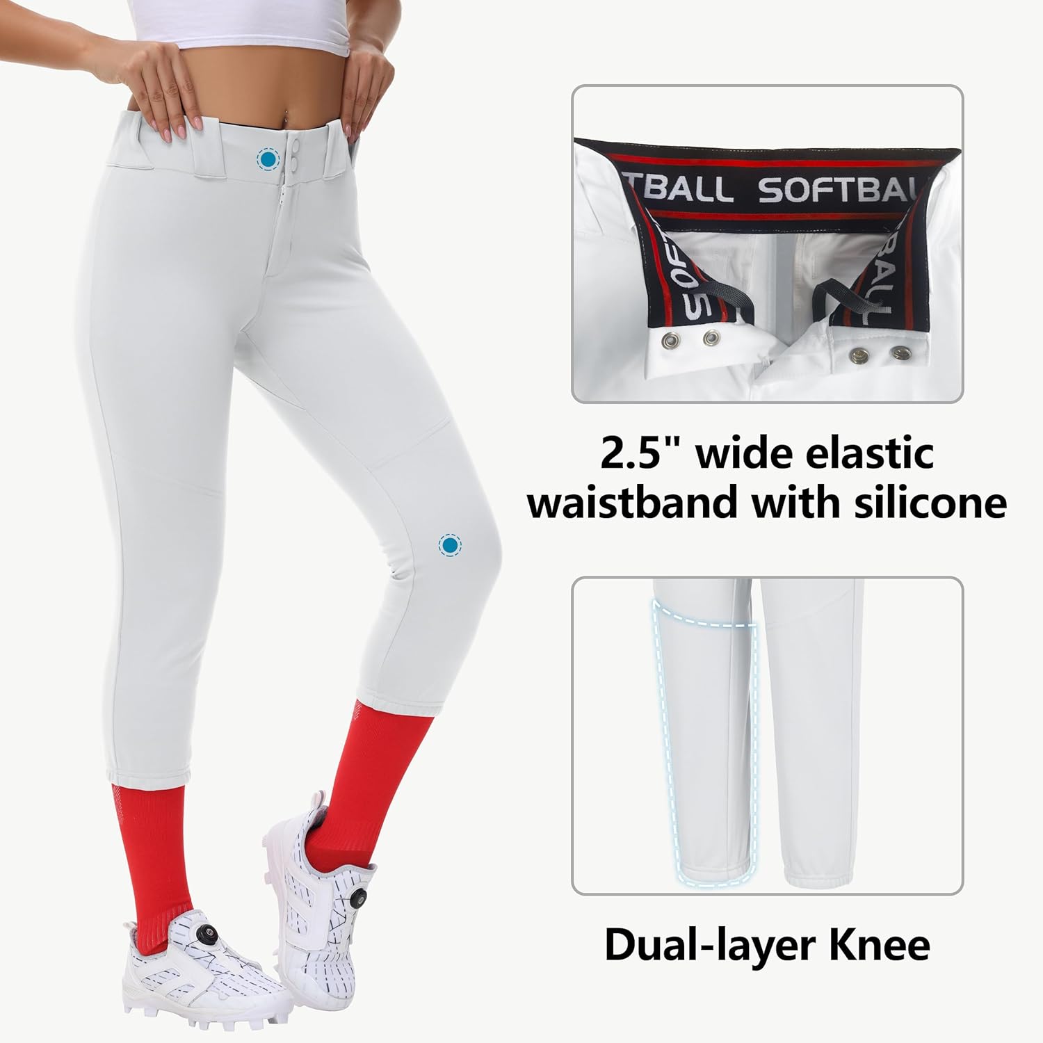 Women's Utility Softball Pants - Woman Adult Tweeners Low Rise 3/4 Leg Track Pants Dual-Layer Knee Youth Girls - Image 4