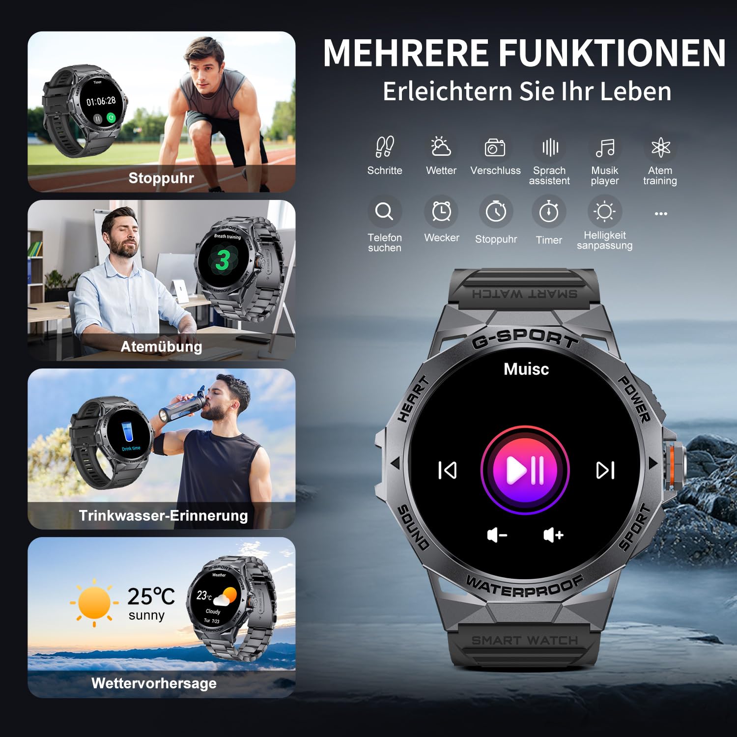 LIGE Reloj Inteligente Hombre con 3 Correas, 1,43" AMOLED Smartwatch Hombre con Llamadas, 24/7 Pulsómetro SpO2, Monitor de Sueño, 400mAh IP68 Impermeable Smartwatch Militar para Android iOS, Gris