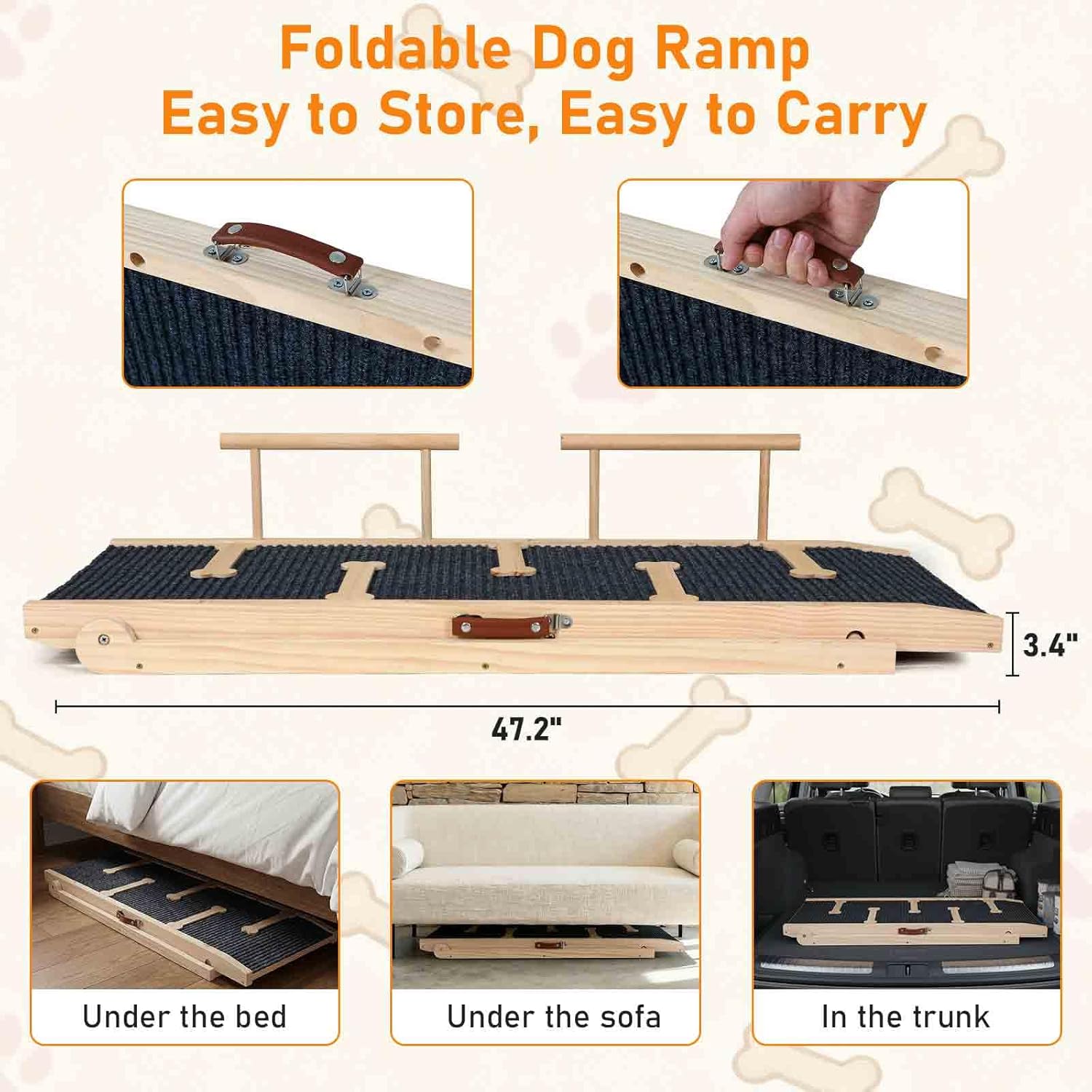 Wooden Dog Ramp for High Bed, 47.2" Long Non-Slip Dog Ramp for Couch, 6 Adjustable Heights from 17.13" to 27.36" with Side Rails for Small Medium Large Dogs(Up to 180 Lbs)