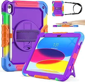 SIBEITU for iPad A16 11th/ 10th Generation Case Purple for Artists 10.9 Inch 2025/2022 with Screen Protector & Pencil Holder, Cute iPad 10 Rugged Shockproof Protective Case with Stand & Strap