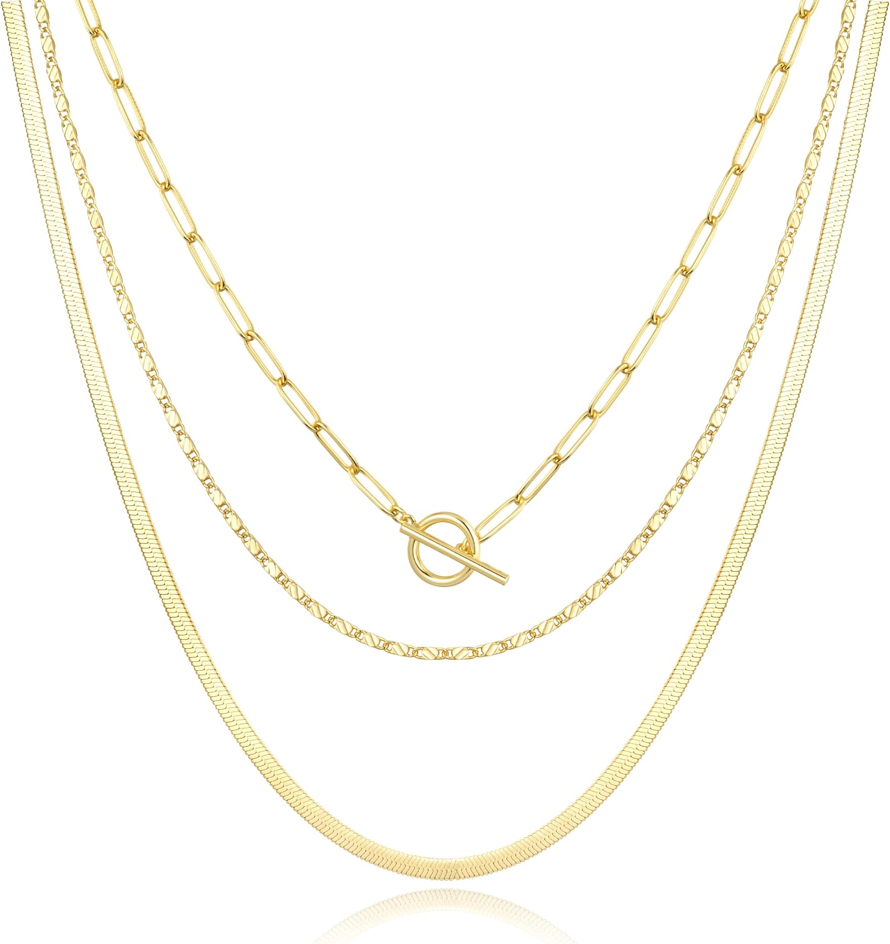 JewlpireGold Layered Necklaces for Women, Non Tarnish 14K Gold Chain Necklace Women Trendy Herringbone Necklace Paperclip Chain Toggle Clasp Necklace Fashion Gold Jewelry Gift for Women