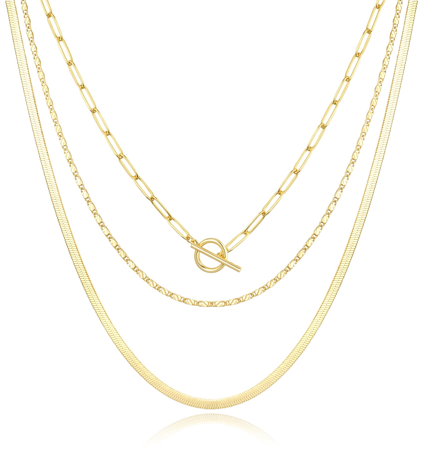 JewlpireGold Layered Necklaces for Women, Non Tarnish 14K Gold Chain Necklace Women Trendy Herringbone Necklace Paperclip Chain Toggle Clasp Necklace Fashion Gold Jewelry Gift for Women