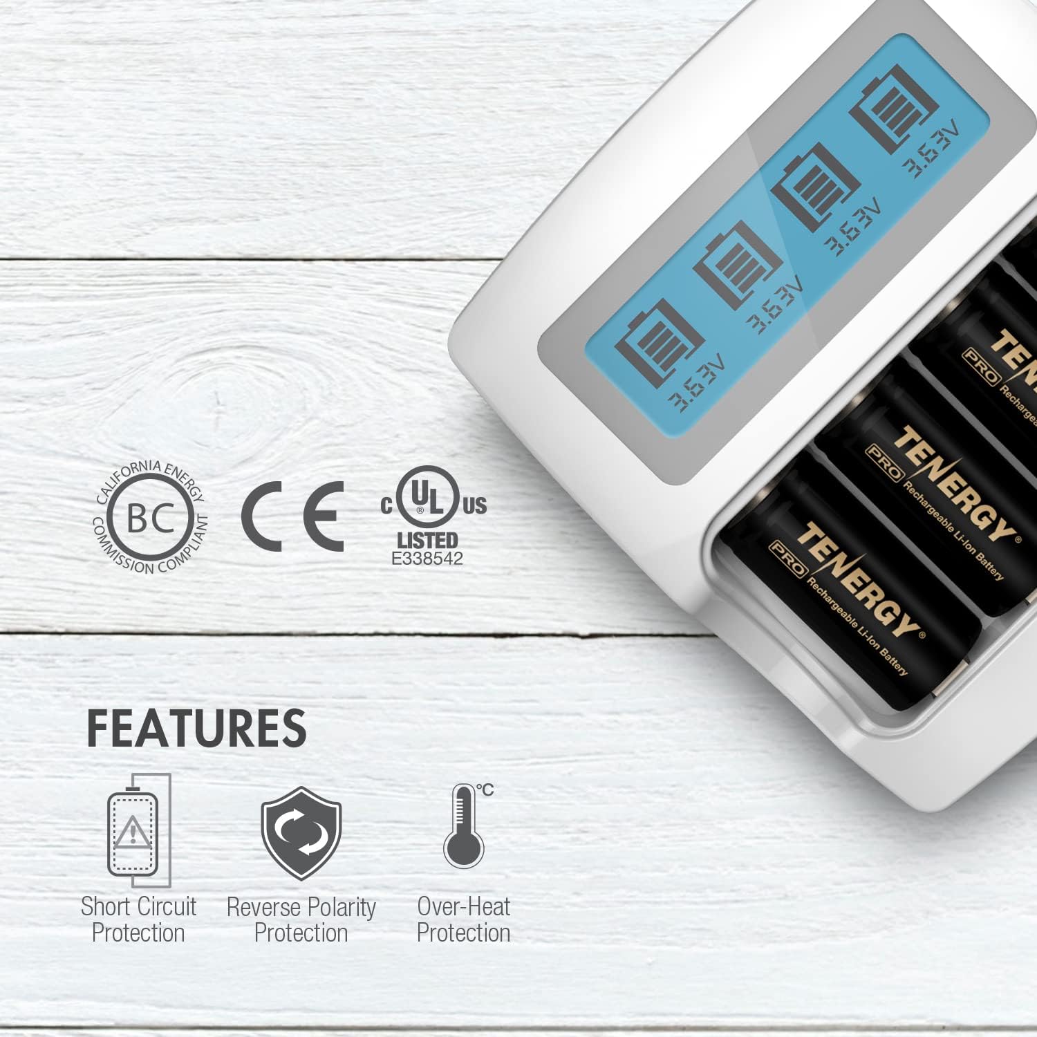Tenergy Arlo Certified Premium Battery Charger with LCD ONLY for Tenergy Arlo Battery 3.7V 750mAh/650mAh Li-ion RCR123A Rechargeable Batteries, UL Listed, CE, and FCC Certified