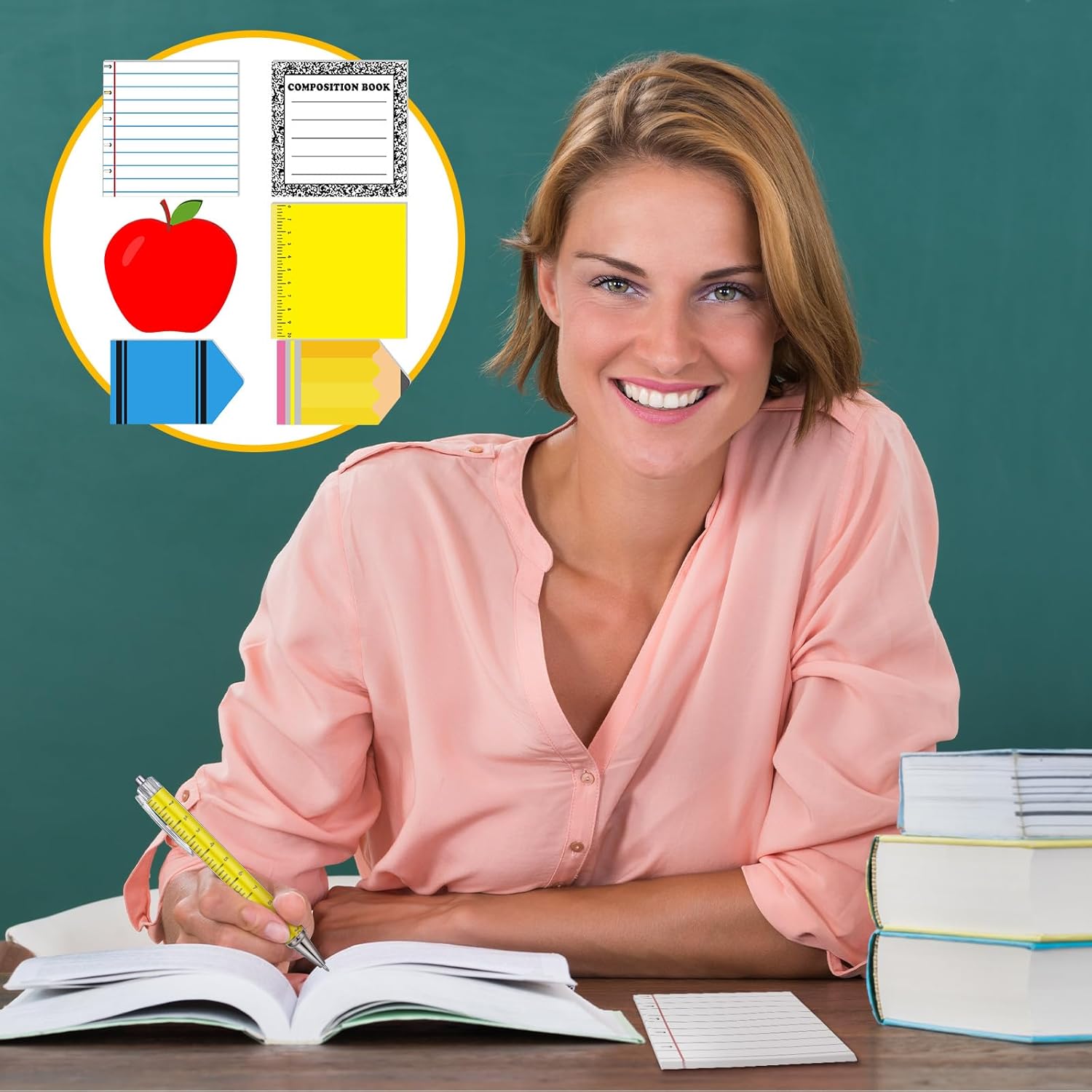 Thenshop 24 Pcs Teacher's Day Gifts Funny Teacher Appreciation Gift Sticky Notes Ballpoint Pen Notepad Self Adhesive Writing Thank Gifts for Employee Office Supplies (Schoolstyle) - Image 6