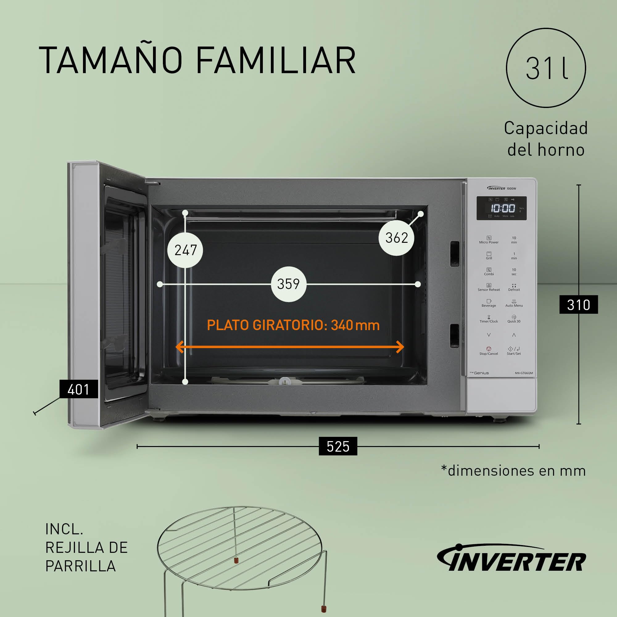 Panasonic NN-GT66QMEPG Horno Microondas Combinado de 31 L con Grill, 1000 W, Cocción Combinada, 7 Niveles de Potencia, Descongelación Turbo, LED, Plato Giratorio, Plateado