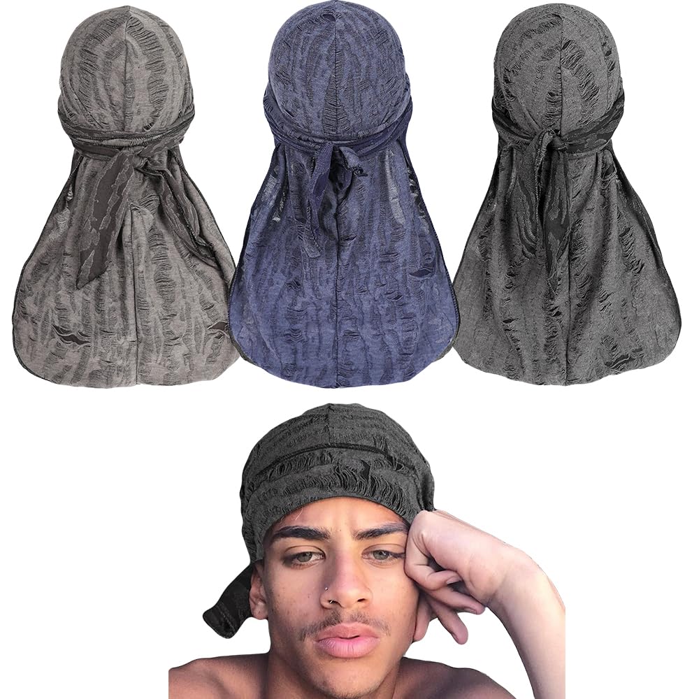 Fashion Hiphop Durag with Long Tail and Wide Straps for 360 Waves Mens Womens Bandana Doo rag Cap