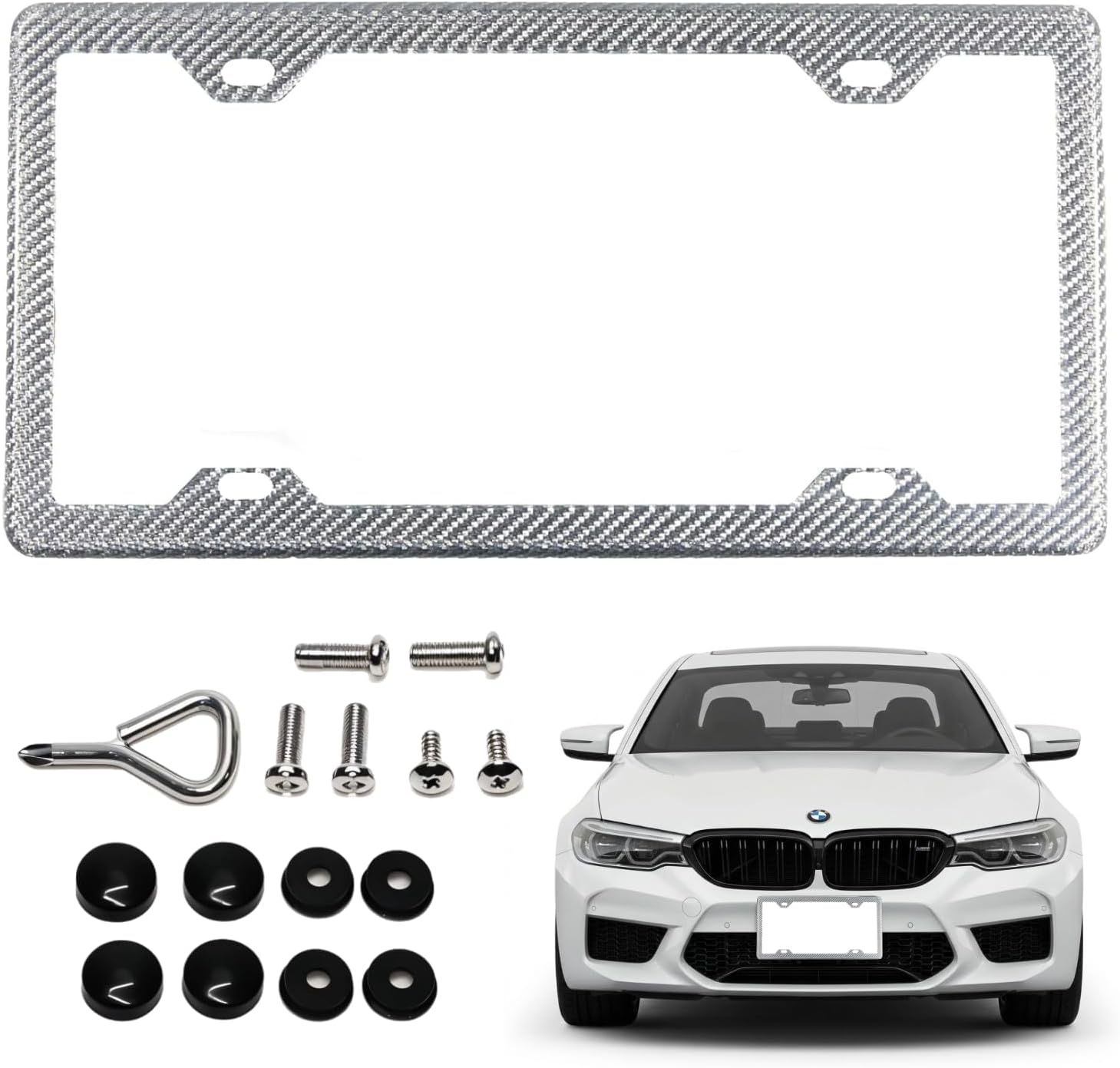 100% Real 3k Twill Weave Carbon Fiber Car License Plate Frame, 4 Holes, UV Protection, Front Rear Universal Man Woman Fit USA Canada Mexico Standard Size tag Holder (Silver)