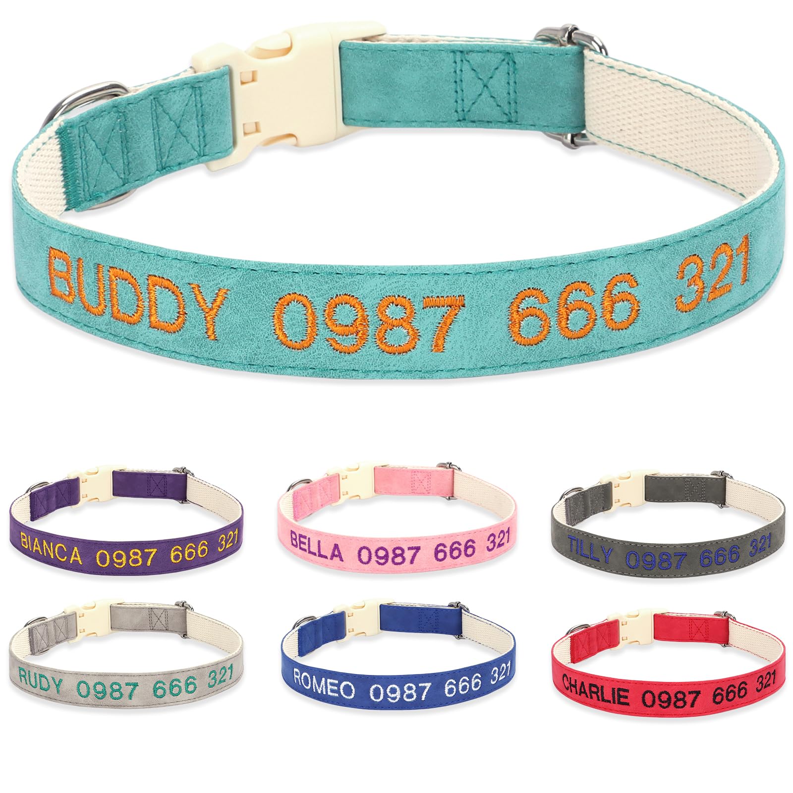 Personalized Embroidered Adjustable Dog Collar with Soft Leather Pad – Customizable Name & Phone-Adjustable for Small Medium Large Dogs,Teal
