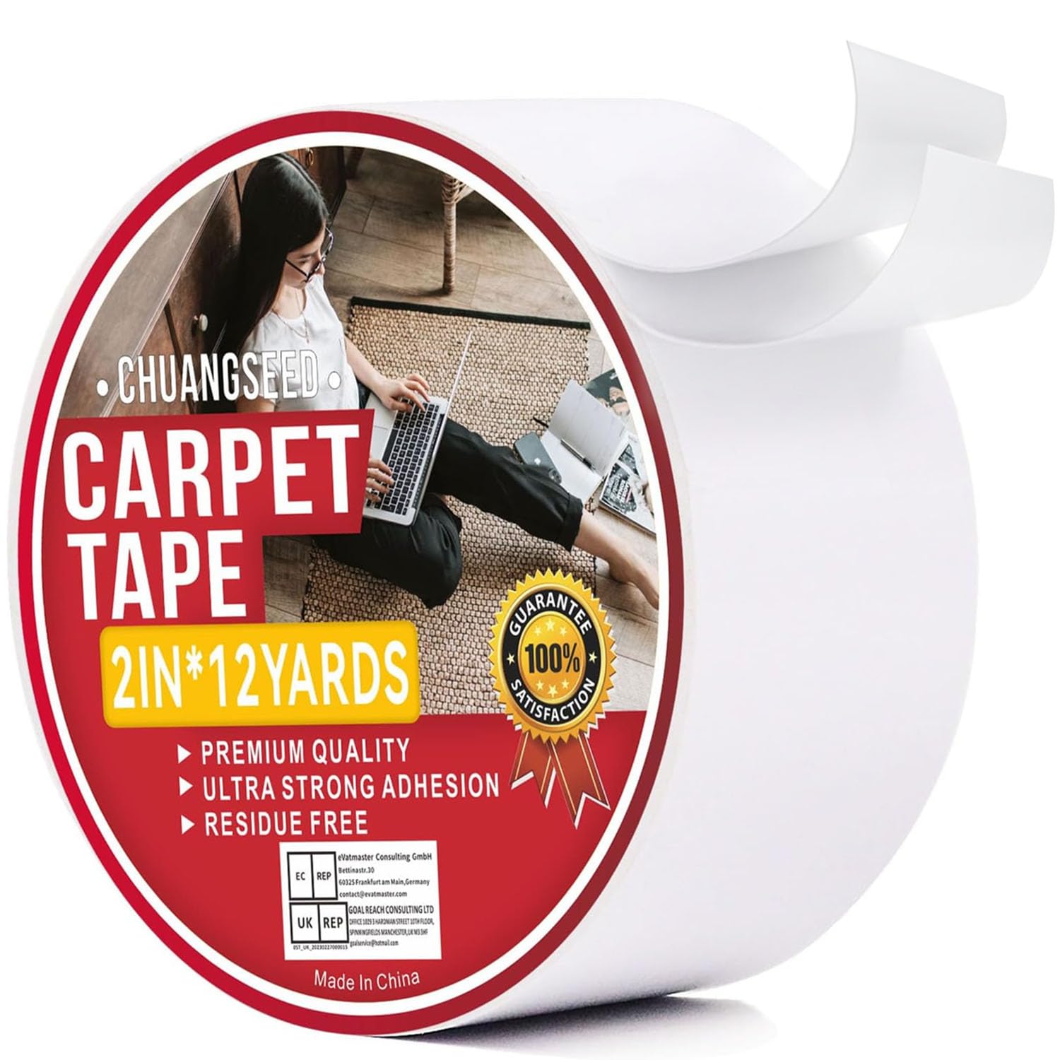 CHUANGSEED Carpet Tape Double Sided,White Rug Tape for Tile Area Rugs Hardwood Floors,Strong Sticky Tape,Removable,No Residue 2inchesx12yards