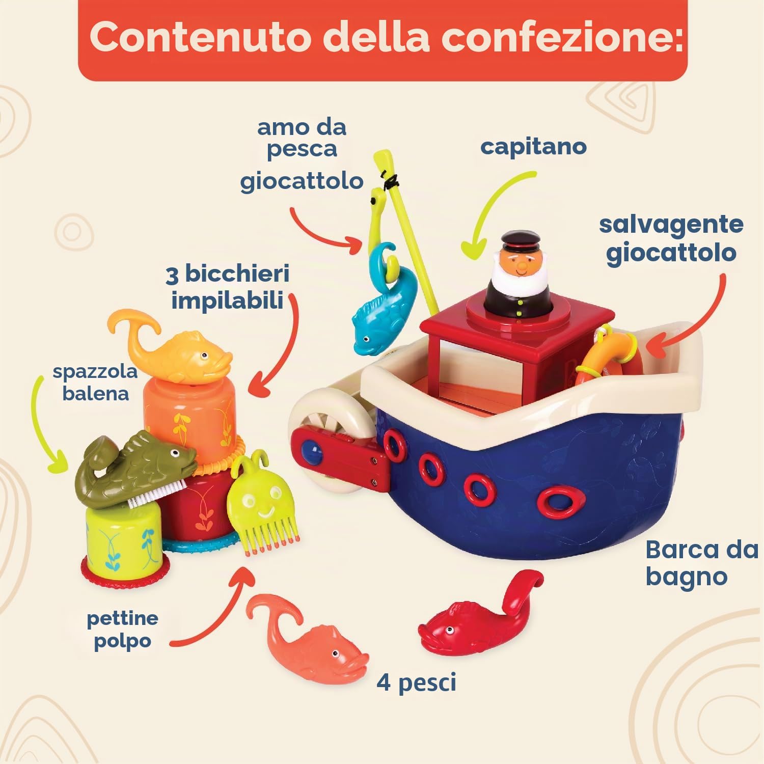 B. toys Fish N Splish, giocattoli da bagno con barca galleggiante | Set da bagno da 13 pezzi con barca galleggiante, capitano, 4 pesci, 3 tazze impilabili, amo e accessori marini, 1+ anni