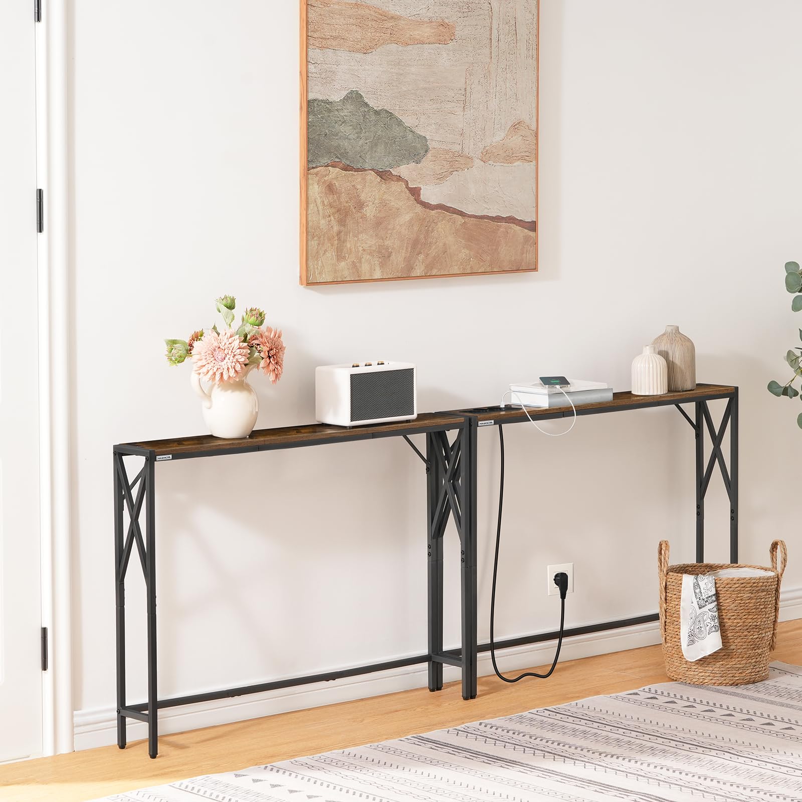 MAHANCRIS Bouts de Canapé avec Station de Charge, Lot de 2, Tables d’Entrée, Tables de Rangement pour Couloir, Bouts de Canapé de Style Vintage, pour Entrée, Hall, Marron et Noir ACTHR151UE01S2V