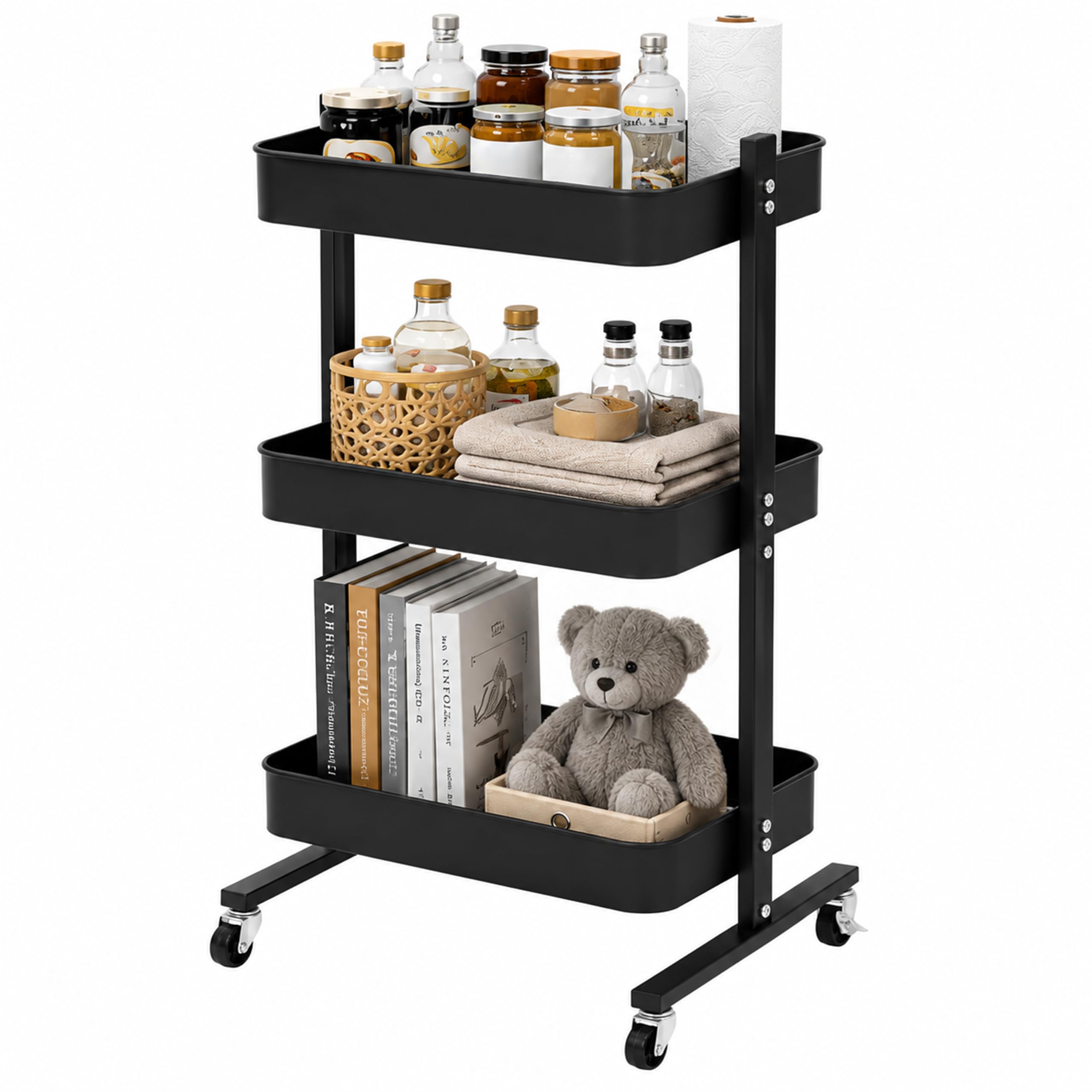 ZOESTORAGE Storage Trolley on Wheels, 3 Tier Trolley for Living Room Kitchen Laundry, Metal Craft Trolley for Book,Veg,Snack,Black