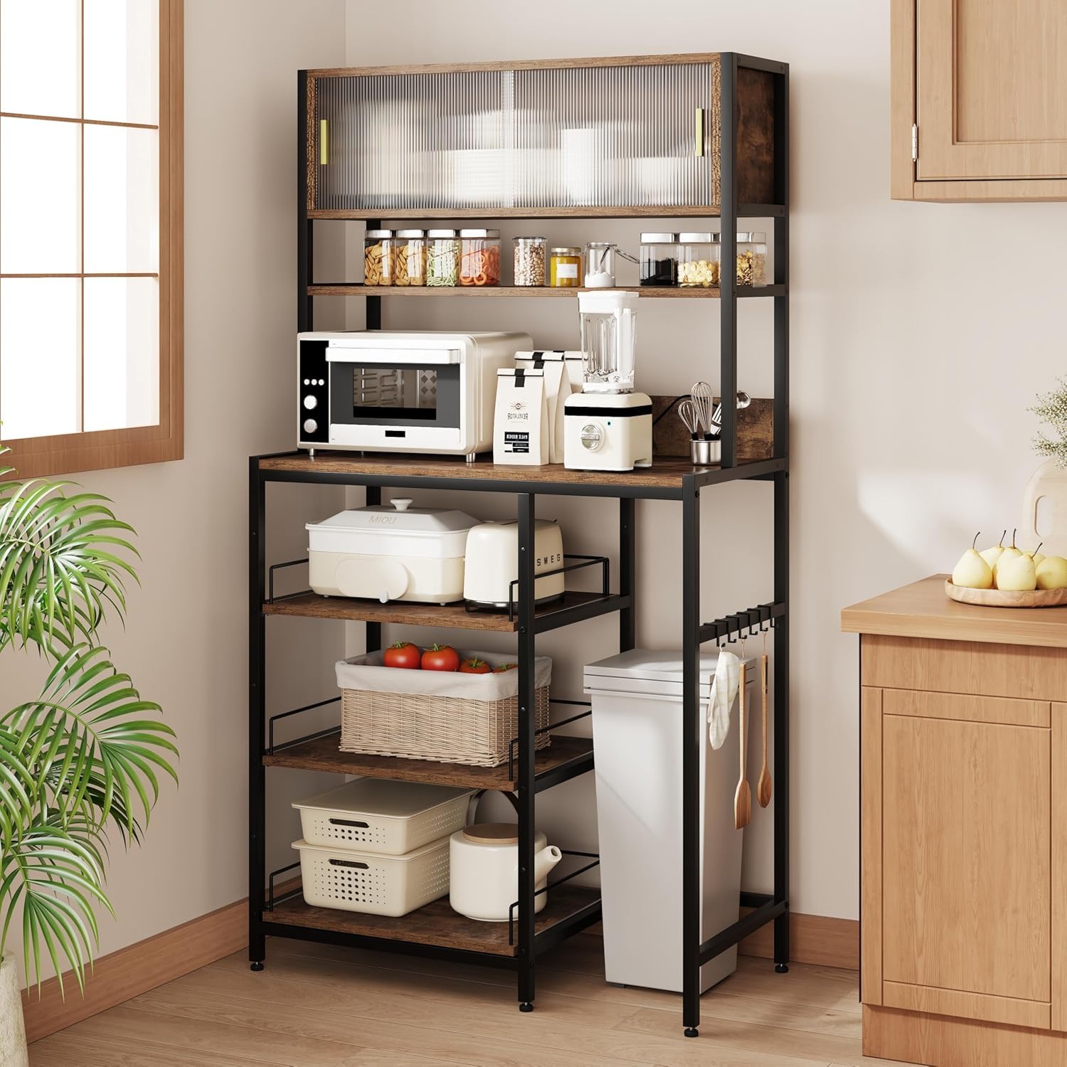 Amazon.co.jp: 木製食器棚 幅 80cm 引き出し扉付き ゴミ箱上レンジ