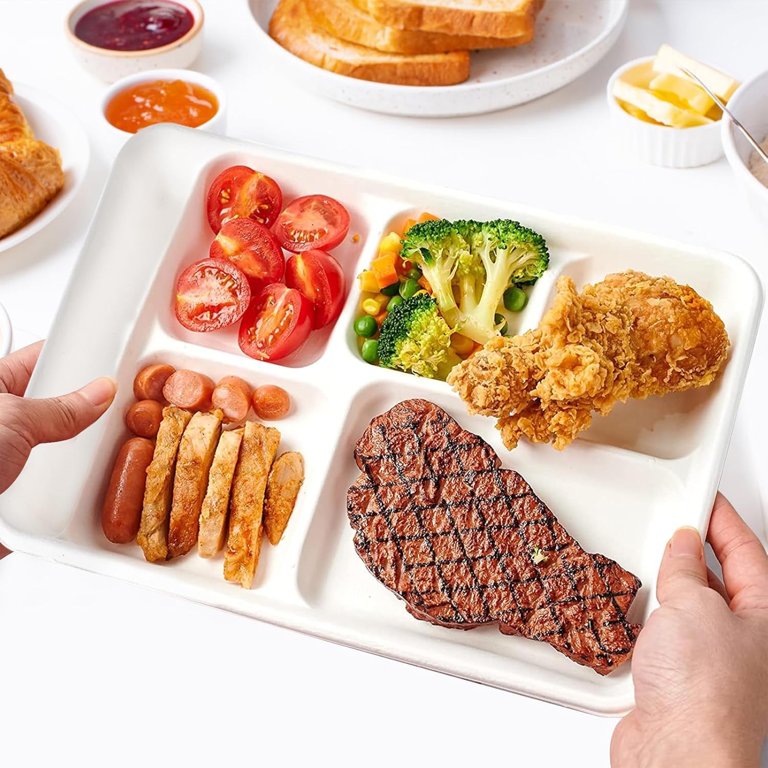 MALLOOM 100 Assiettes Jetables à 6 Compartiments, 30 cm Assiettes Compostables en Fibre de Canne à Sucre, Plateau Repas Résistant pour Cantine Scolaire, Fête, Buffet, Dîner (Passe au Micro-ondes)