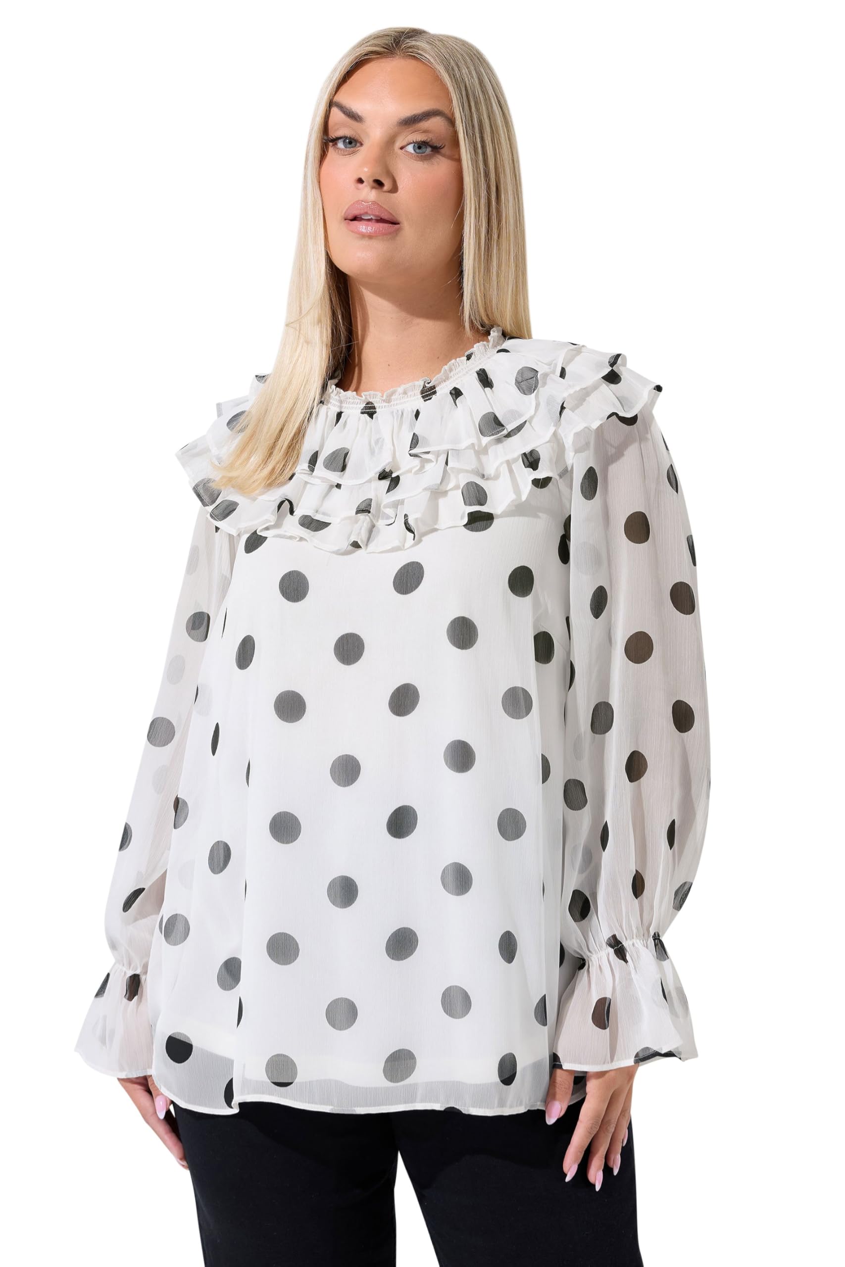 Yours Women's White Polka Dot Frill Neck Blouse In Size 16