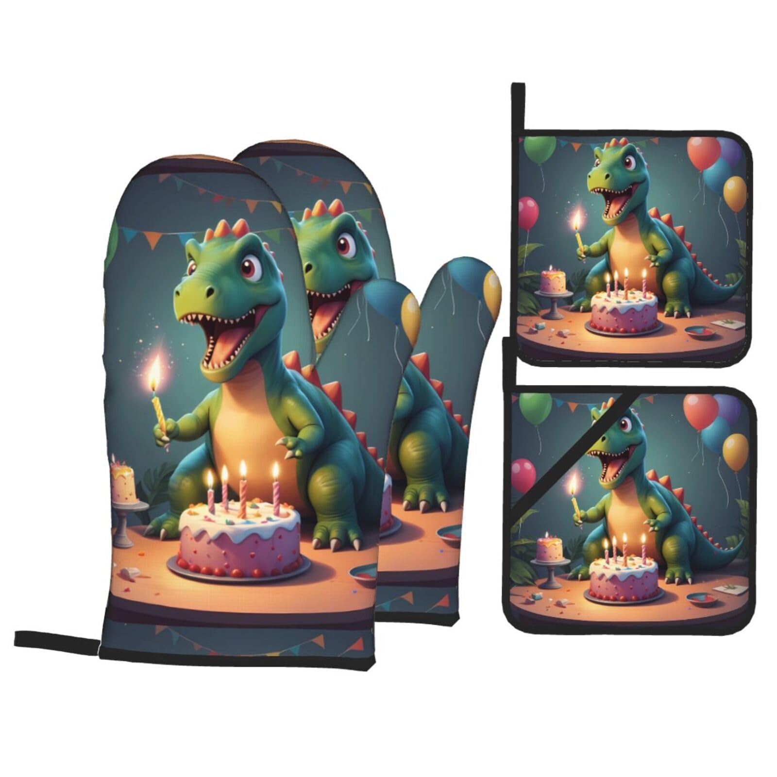 HJFCZH Dinosaur Blowing Candles Picture Kitchen Baking Set of 4 Thick Insulated Oven Mitt & Pot Holders, Anti-Scalding for Microwave, Oven, Outdoor BBQ