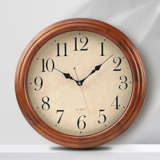 ZELVON amusediy 16 Inch Wood Wall Clock with Large Numbers, Retro Round Brown Clock Wall, Silent