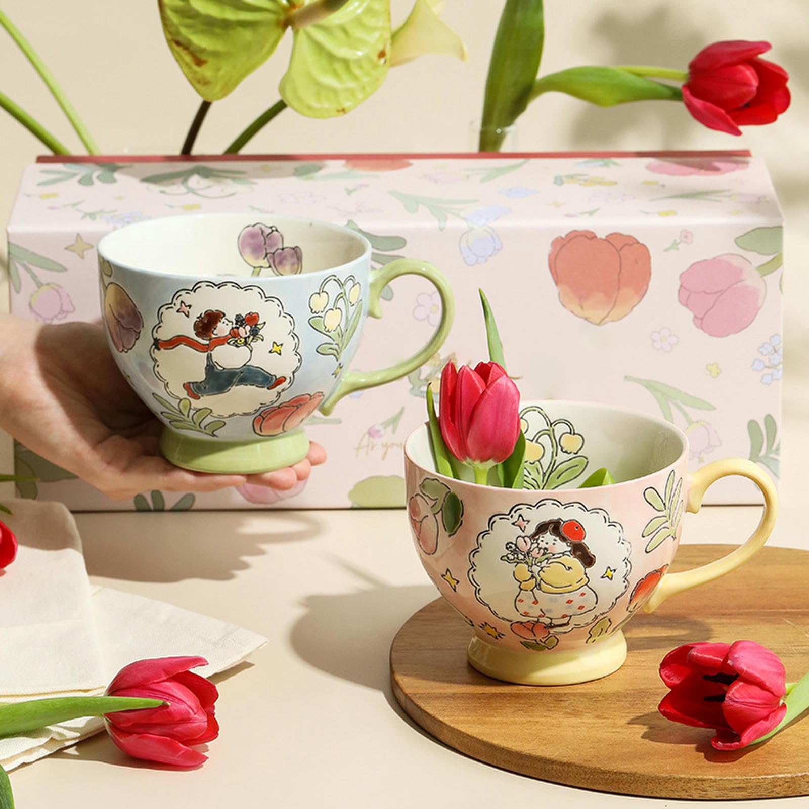 Tazas de desayuno personalizadas creativas pintadas a mano, tazas creativas de cerámica para parejas, juego de tazas de desayuno pintadas a mano