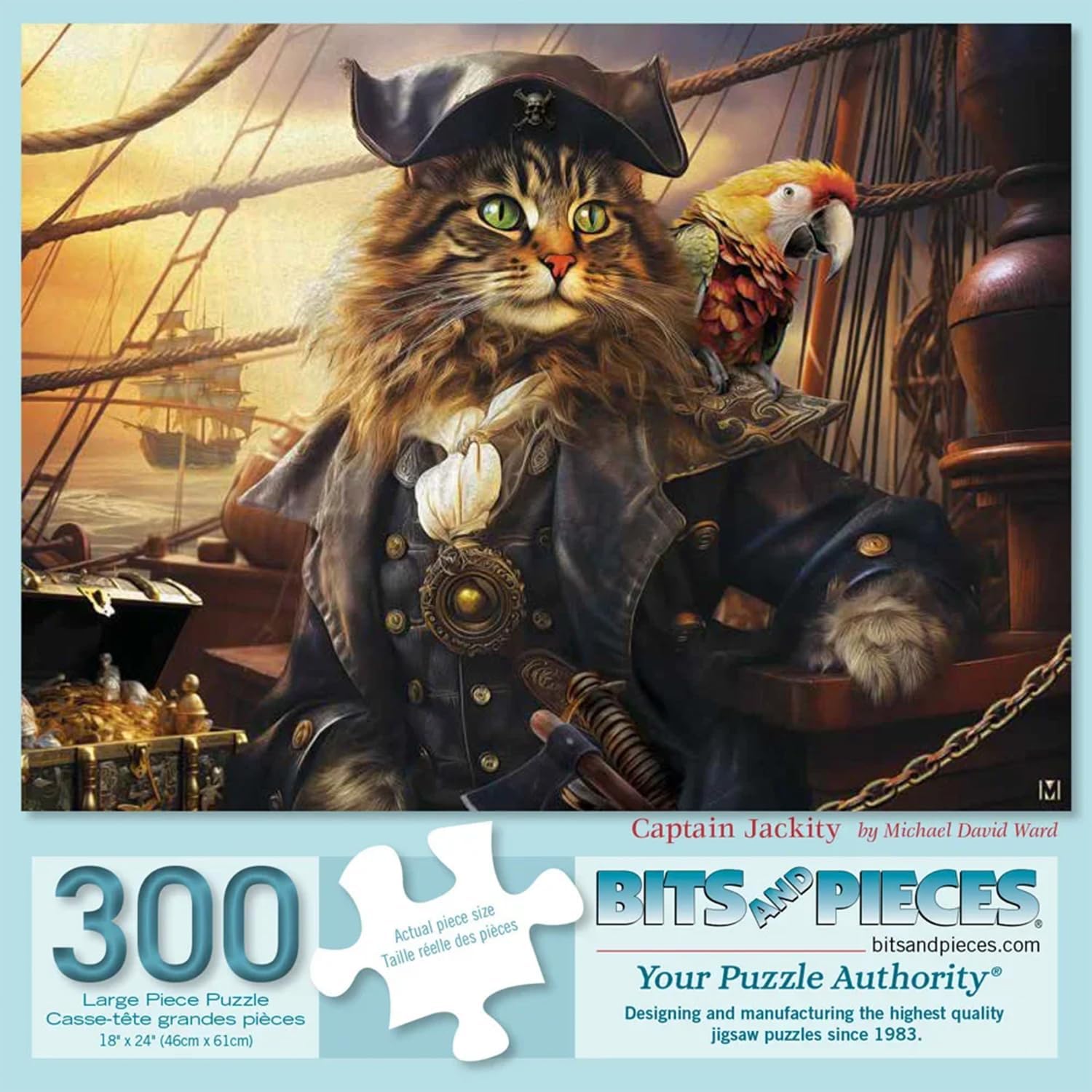 Bits and Pieces 300 Piece Puzzles for Adults Large Pieces 18" x 24" Jigsaw Puzzles 300 Large Pieces Pirate Cat, Random Die Cut, No 2 Pieces Alike, Captian Jackity