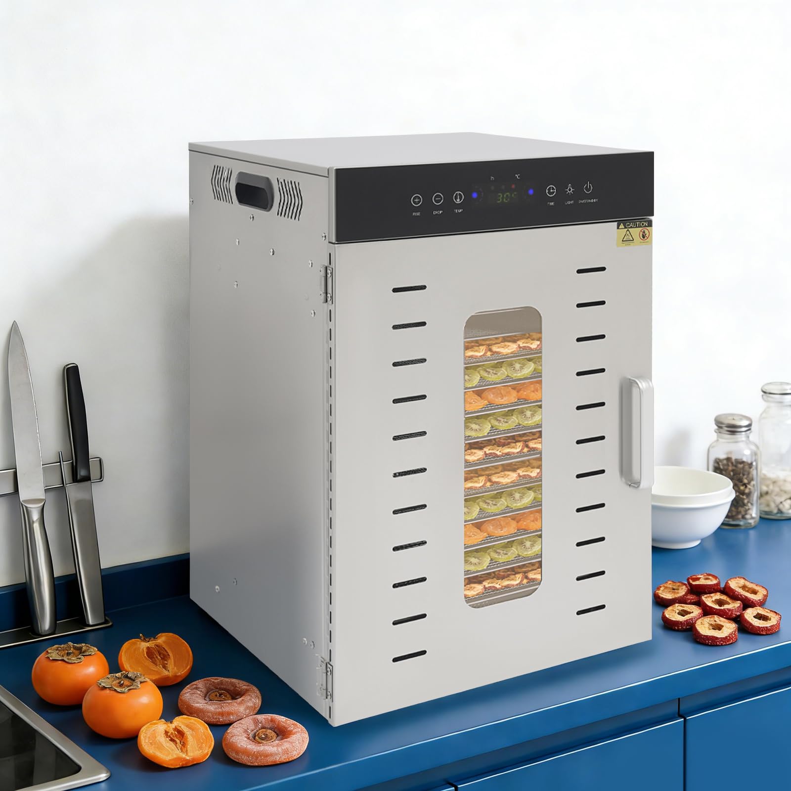 Deshidratador de acero inoxidable con 16 niveles, control de temperatura de 20 – 90 °C, temporizador de 24 horas y libro de recetas, 1370 W, doble ventilador deshidratador para un secado eficiente de