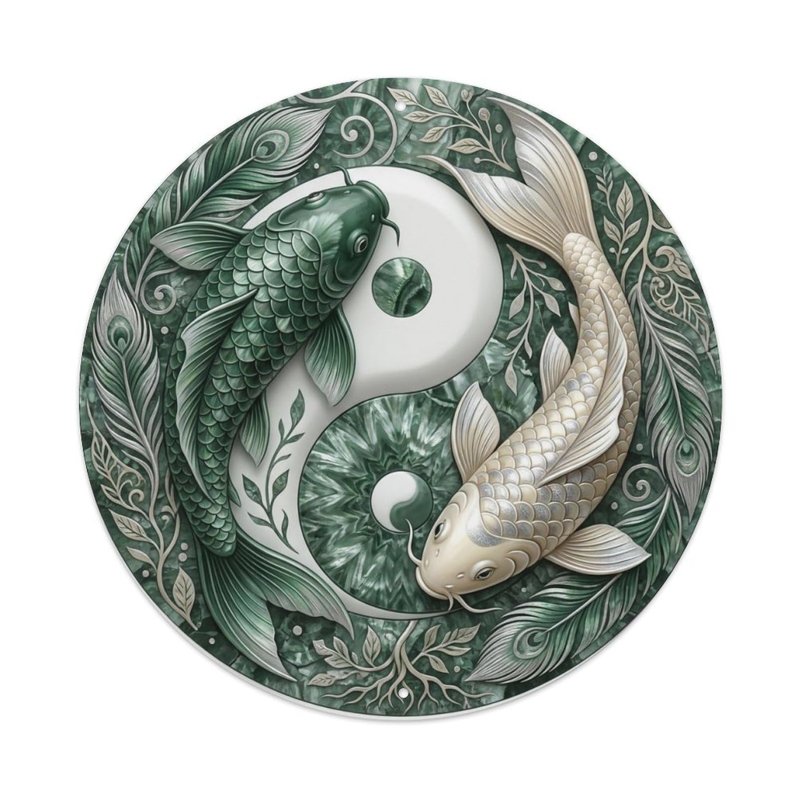 Tai Chi Koi Fish Seraphinite Green Stone Metal Tin Sign