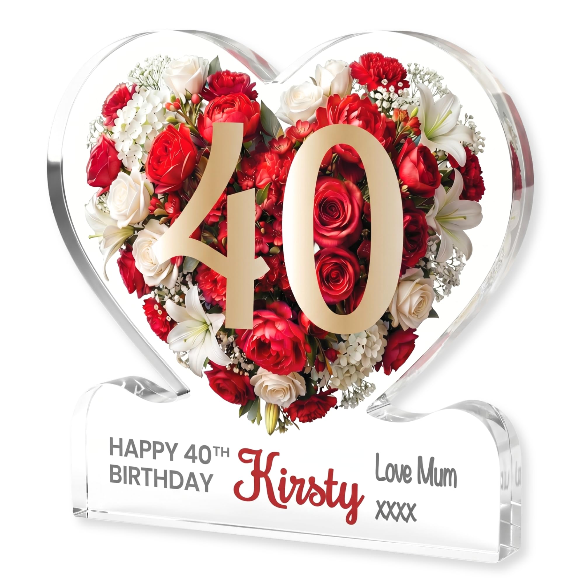 MyKeepsy Personalised 40th Birthday Plaque – Custom Name & Message Heart Acrylic Keepsake, Floral 40 Decoration Gift for her, 5 Colour Options (Classic Red)