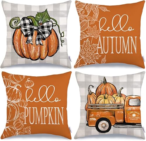 Juego de 4 fundas de almohada decorativas de otoño de 20 x 20 pulgadas, diseño de búfalo de calabaza con texto en inglés "Hello Pumpkin" para Acción
